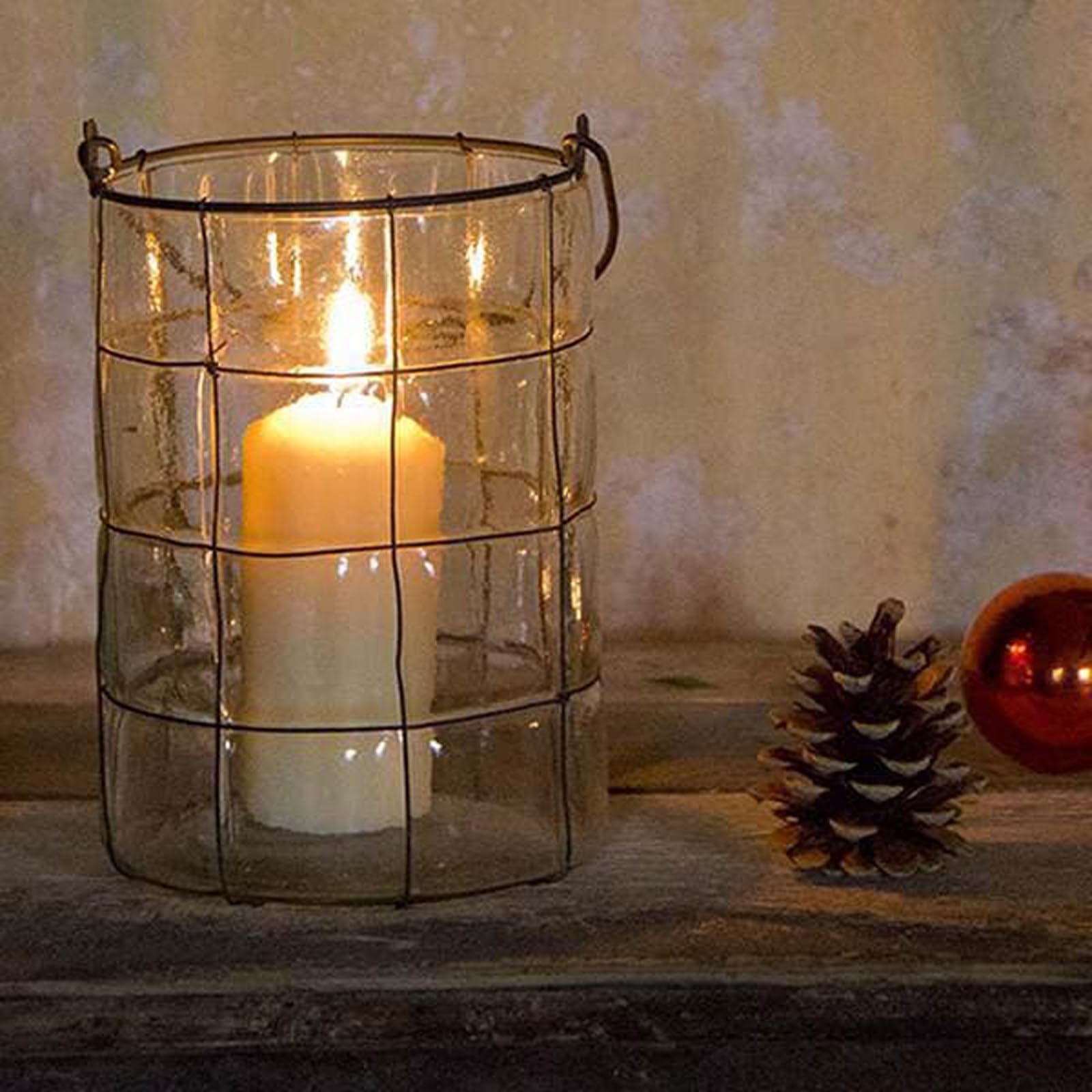 Crocus Clear Collection 19.5Cm Blown Glass Candle Lantern Holder And Mesh Wire Cylinder Pillar Taper Vase For Outdoor Use