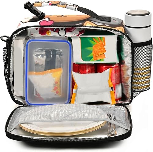 Miniatura 2 de Kcldeci Linda bolsa de almuerzo con diseño de caricaturas de gato con diseño de garabatos, bolsas de almuerzo aisladas, lonchera reutilizable, bolsa