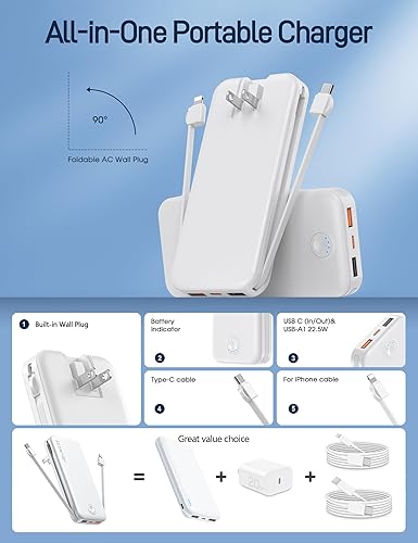 Miniatura 2 de Cargador portátil de carga súper rápida de 22.5 W con enchufe de pared, cargador de batería USB-C de 12000 mAh, 2 cables integrados, cargador de