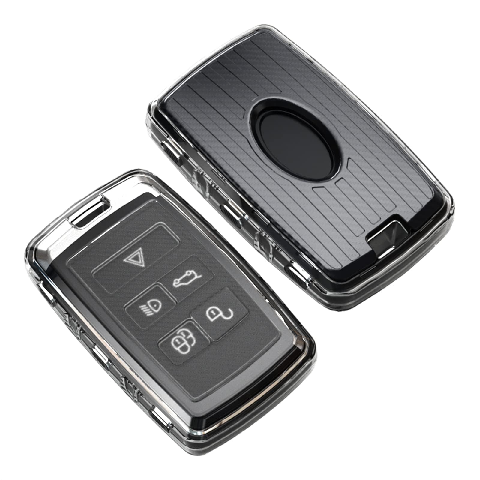 TANGSEN Key Fob Case TPU Cover Compatible with Land Rover Range Rover Sport Evoque Vogue Velar Discovery Transparent Carbon Fiber Texture 5 Button Protective Key Shell (Black)