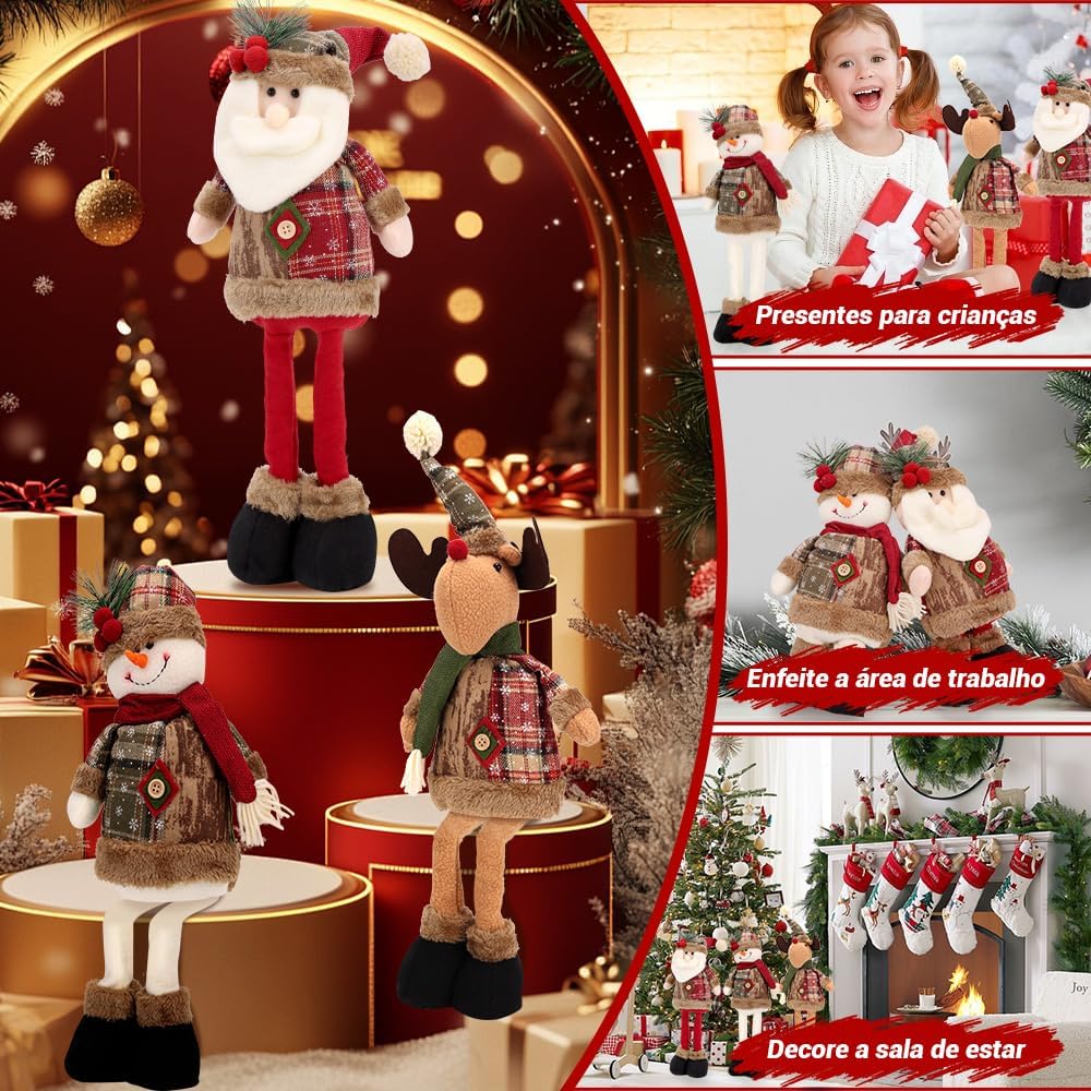 Trio de Bonecos Natalino, Rena, Boneco de Neve, Papai Noel Em Pé, Decoração Natalina para Porta, Arvore, Jardim Ou Escritorio