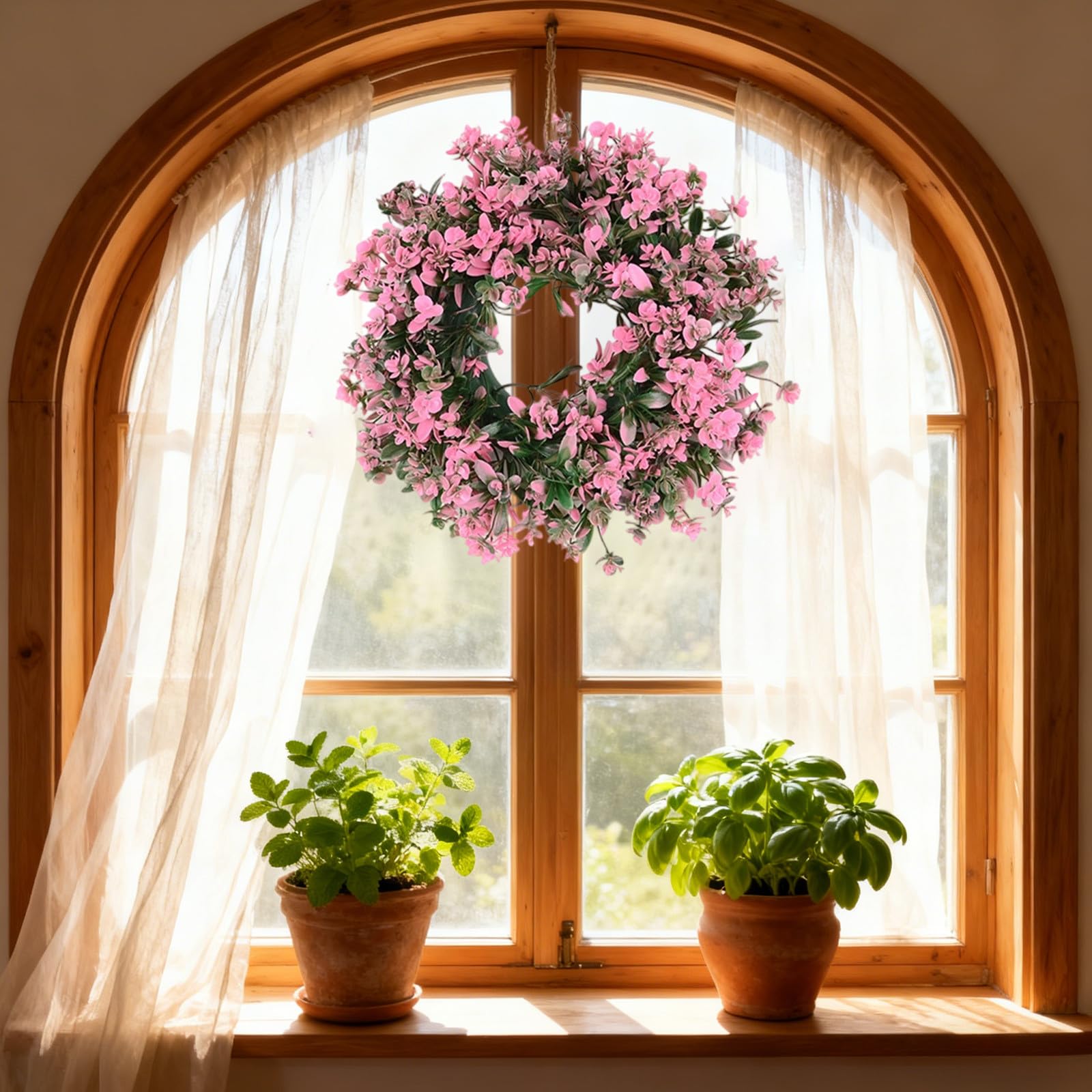 Spring Summer Wreaths for Front Door, 39 cm Summer Door Wreaths Outdoor,Artificial Wreath for Door Window, All Season Summer for Front Door Porch Home Farmhouse Decor (Pink)