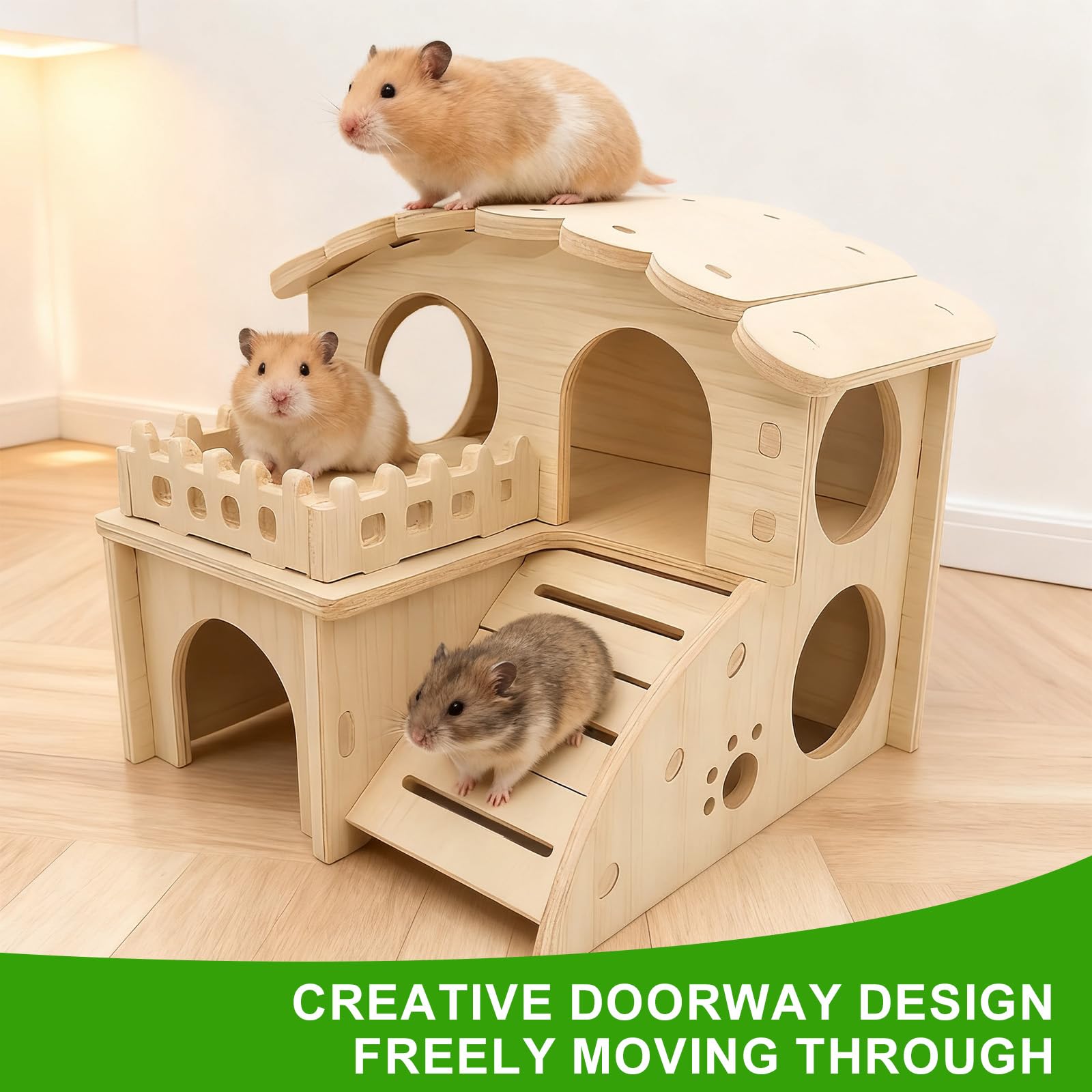 Domek dla chomików z drewna, wielokomorowy, domek dla chomików, świnek morskich, domek z rampą, domek dla świnek morskich, akcesoria dla małych zwierząt domowych, chomików karłowatych, myszy wyścigowe