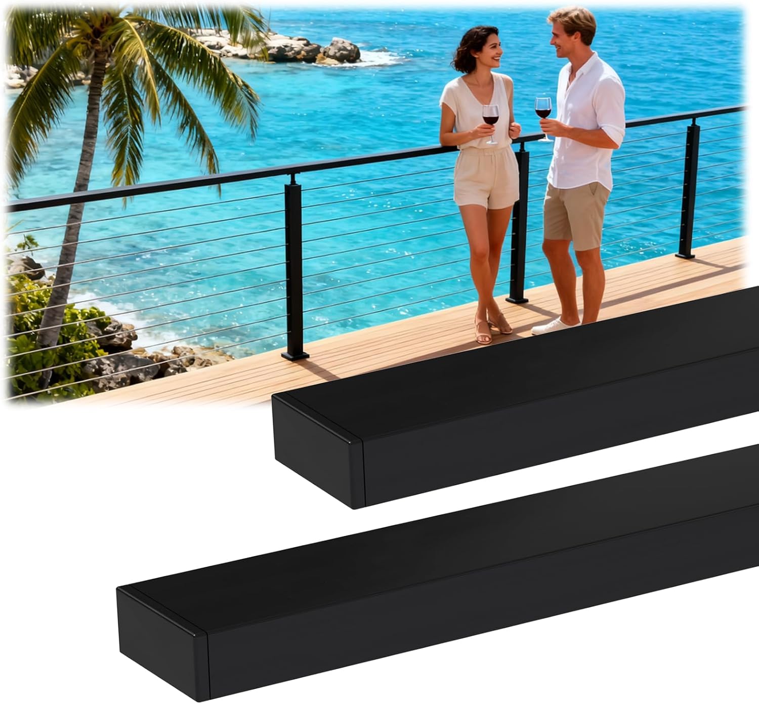 2Pack 6FT Stainless Steel T316 Black Handrail for Cable Railing Post with Nylon End Cap Kits, 2.36" W x 1.18" H Cuttable Flat Handrail Rectangular Top Rail