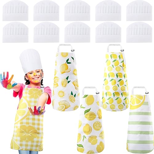 Delantal de limón para niños y sombrero de chef, 15 piezas, 5 delantales, 10 sombreros, correa ajustable, delantal de limonada con bolsillos para
