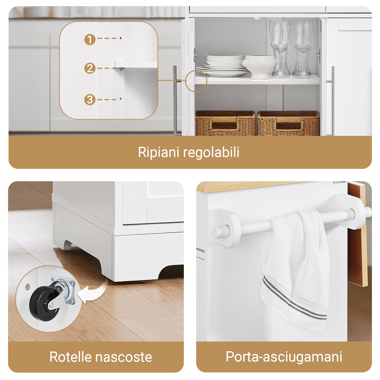 SoBuy Isola Cucina con Ruote, Tavolo Estensibile in Legno, Mobile Cucina con 2 Cassetti, Penisola Cucina Salvaspazio, Credenza Multifunzione per Piccole Cucine Bianco 113 x (44–69) x 91 cm FKW129-WN