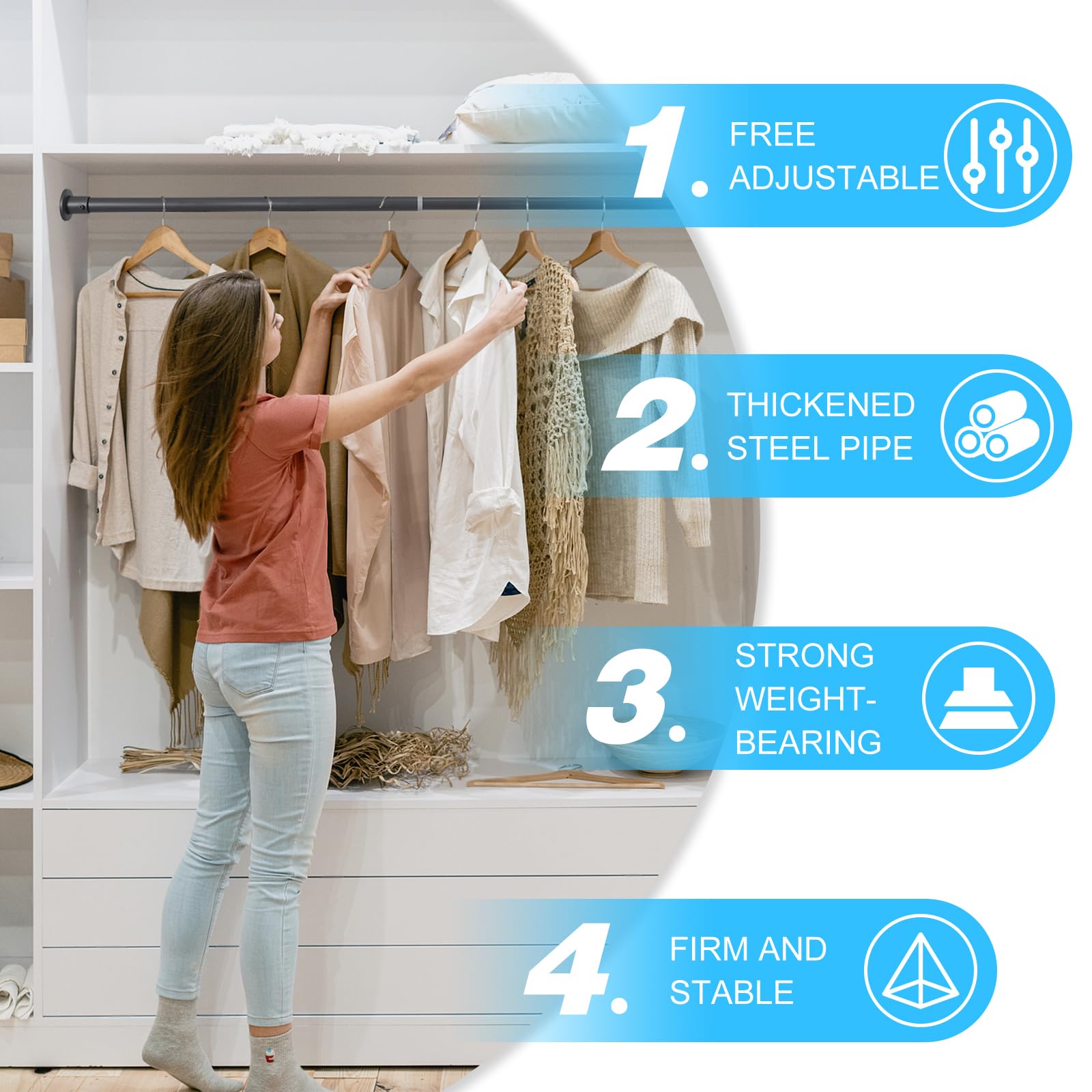 Wardlock 68cm-120cm Grey Extendable Stainless Steel Wardrobe Rail, Adjustable Clothes Rail Pole With End Sockets - Image 2
