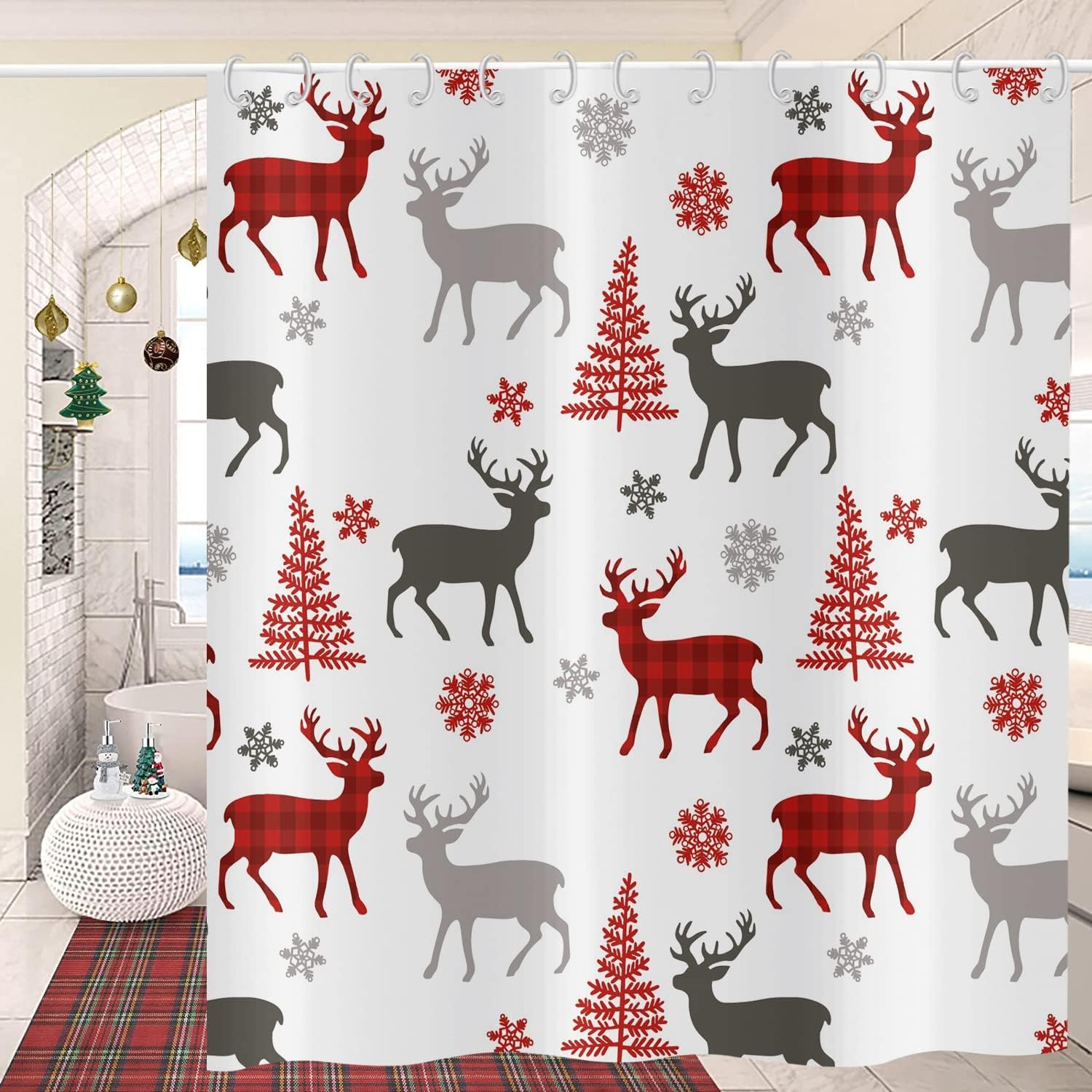 GCIREC Christmas Shower Curtain, Buffalo Check Plaid Elk Xmas Tree Winter Snowflake Bathroom Curtain for Bathtub Home Decor Waterproof Fabric Machine Washable with 12 PCS Hooks,165x180cm