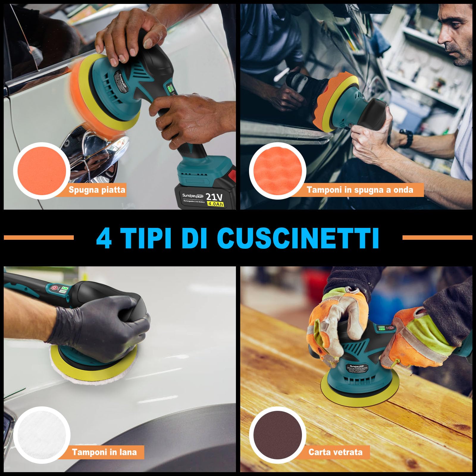 21V Lucidatrice Auto a Batteria, SundpeyPRO Lucidatrice Rotorbitale da 6 Pollici con 2 Batterie da 4.0Ah e 8 Velocità Variabili e 6000RPM, Lucidatrice Auto per la Pulizia Dell'auto e la Lucidatura
