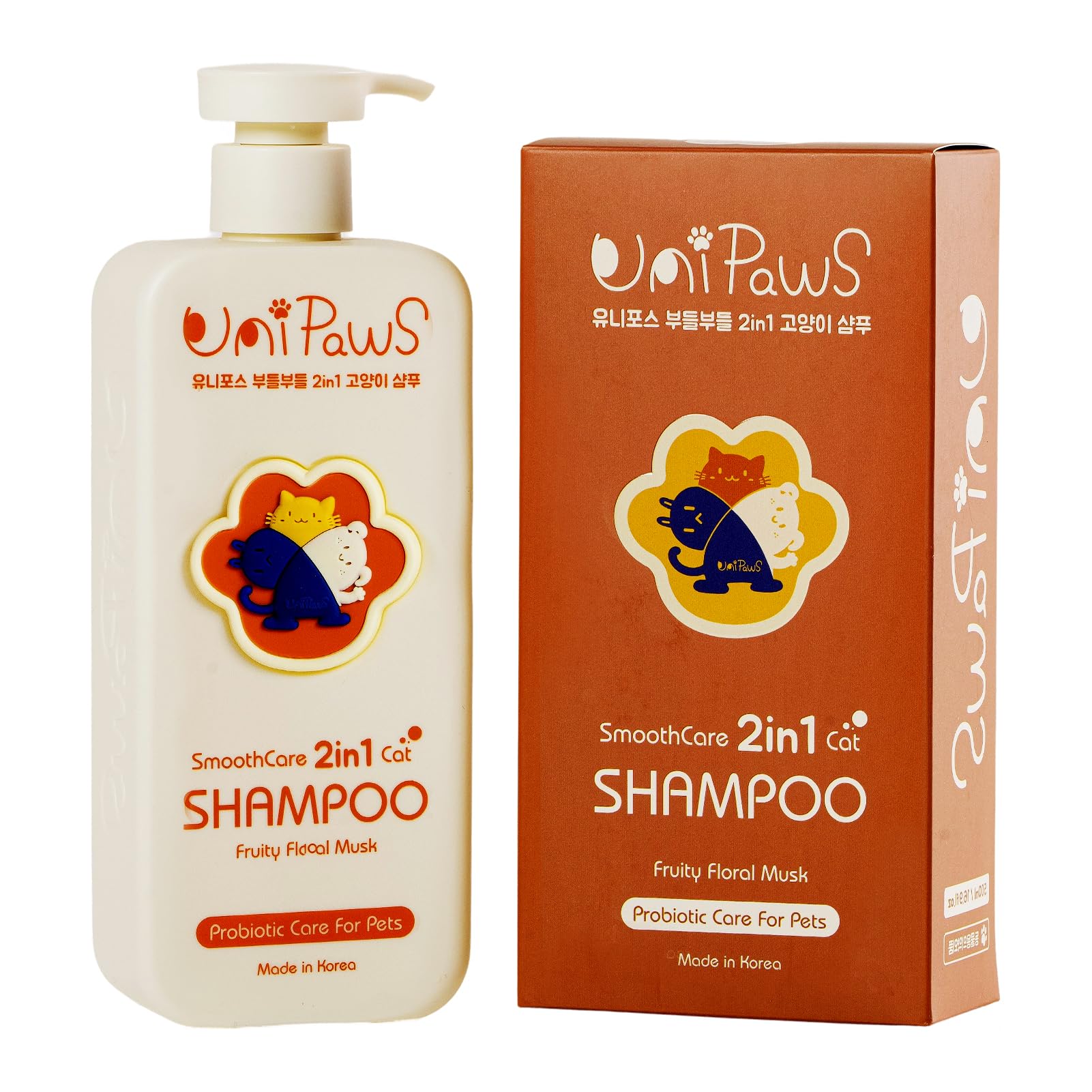 UNIPAWS Cat Shampoo & Conditioner 2-in-1, EWG Verified, Anti-Dandruff & Deshedding for Soft and Shiny Coat, Probiotics Smoothcare for Itchy, Dry Skin, Gifts for Cat Lovers, Made in Korea, 16.9 Fl Oz