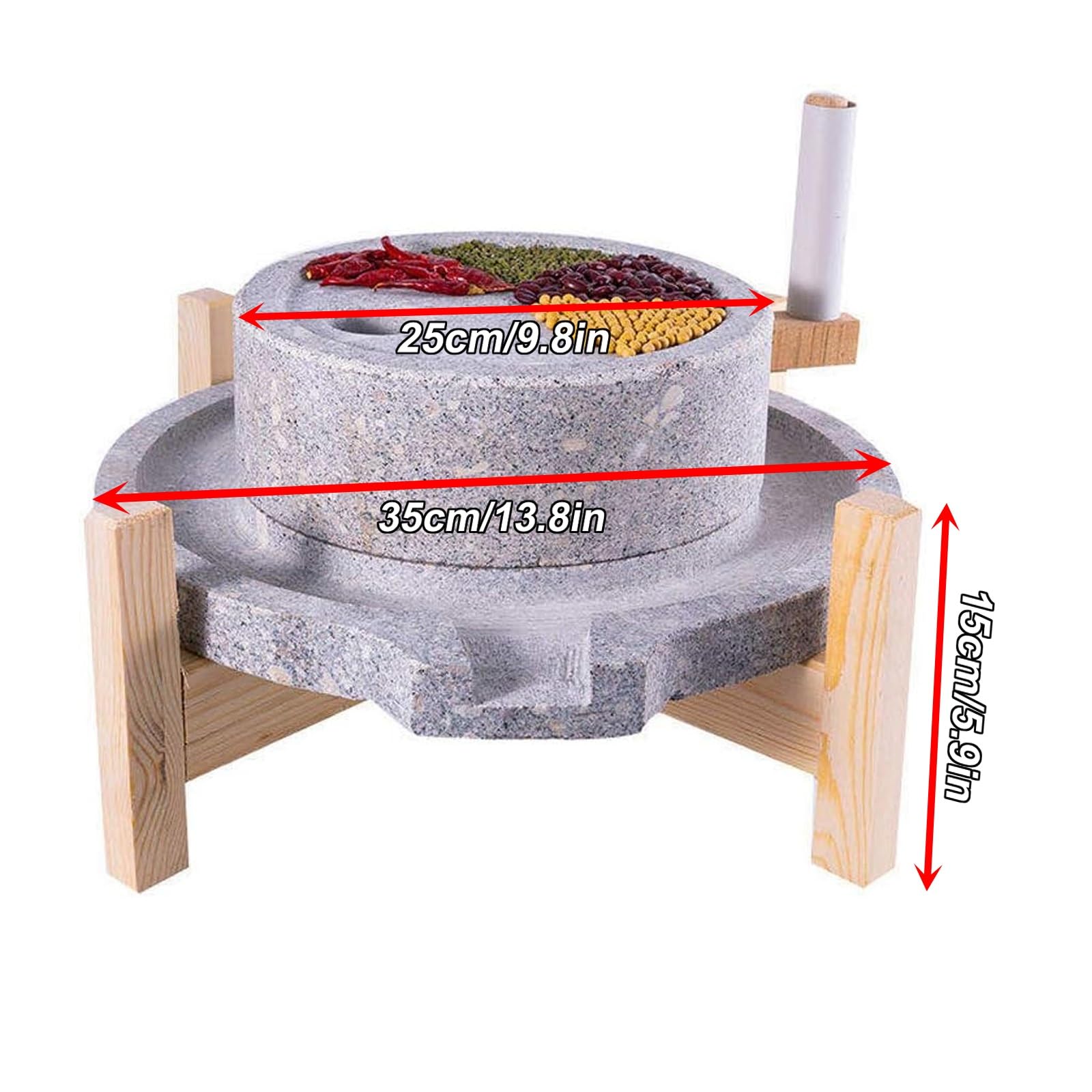 Natürliche Granit Gülle Mühle,Handmade Steinmühlen,dass,Stein Kornmühle mit hölzernen Rahmen,manuelle Kornmühle für Mehl,leicht zu reinigen und zu demontieren,für die Benutzerfreundlichkeit(25cm/9.8in