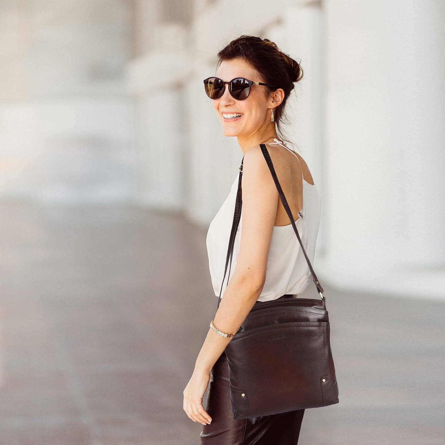 Terry Large Soft Real Leather Womens Crossbody Handbags and Purses-Triple Zip Premium Sling Crossover Shoulder Bag - Image 2