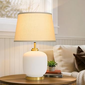Farmhouse Ceramic Table Lamp 23" Home Rustic Boho Ivory Pot Nightstand Lamps for Bedroom Living Room Night Stands Dining Office with White Tapered Drum Shade