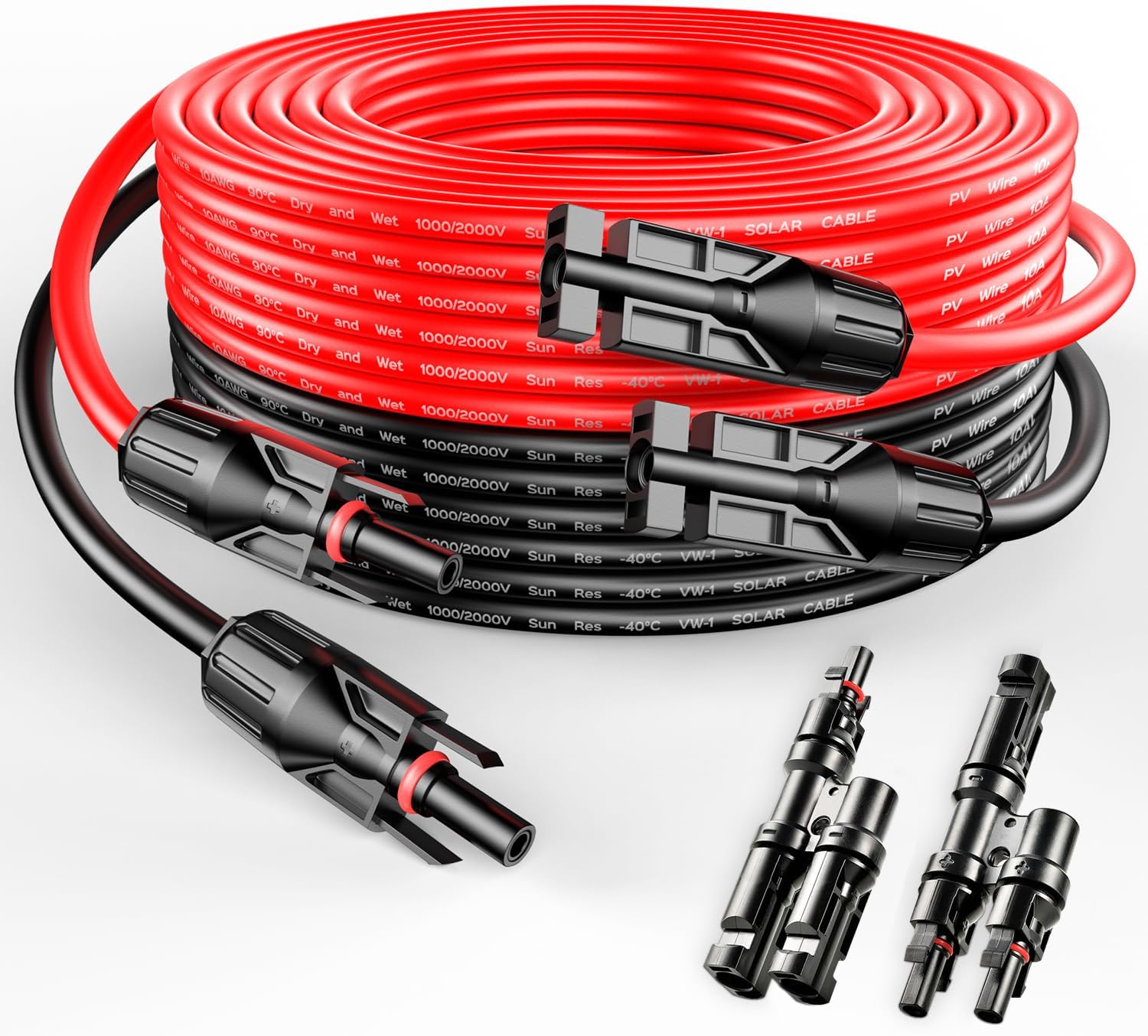 RICH SOLAR 10 Gauge 10AWG One Pair 50 Feet Red + 50 Feet Black Solar Panel Extension Cable Wire with Female and Male Connectors+T Branch Connectors (50FT 10AWG+T2)