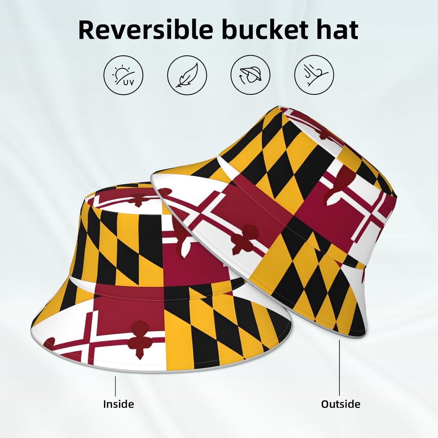 (Flag of Maryland) Reflective Reversible Bucket Hat Foldable Breathable Stylish Two-Way Wear for Outdoor Travel Daily Activities Black