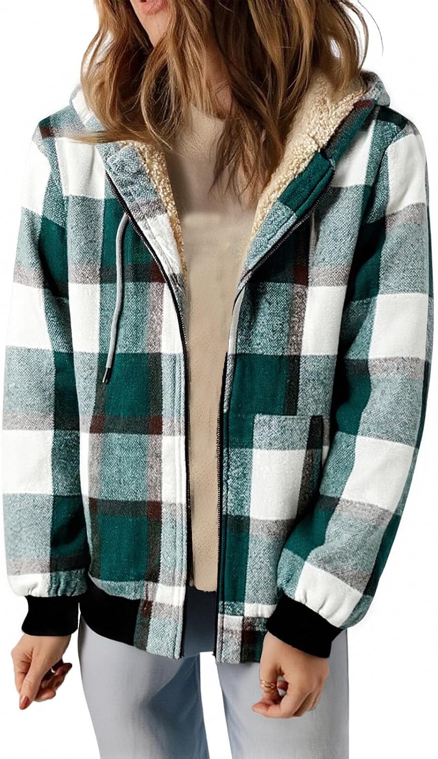 Women's Plaid Flannel Jackets Casual Full Zip Up Sherpa Lined Hoodie Coats Winter Fuzzy Warm Outwear with Pockets