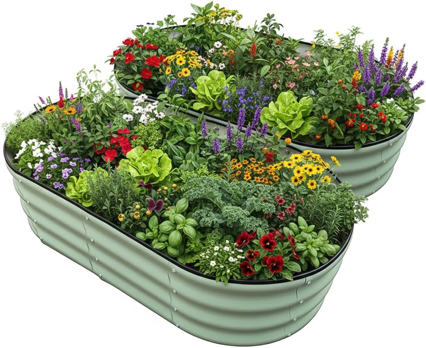 Raised Garden Bed, Metal Planter Box, Oval Shape, Flower Box, Outdoor Planting Flower Herb Vegetable Planter (2 PCS of 4×2×1 ft, Green Oval)