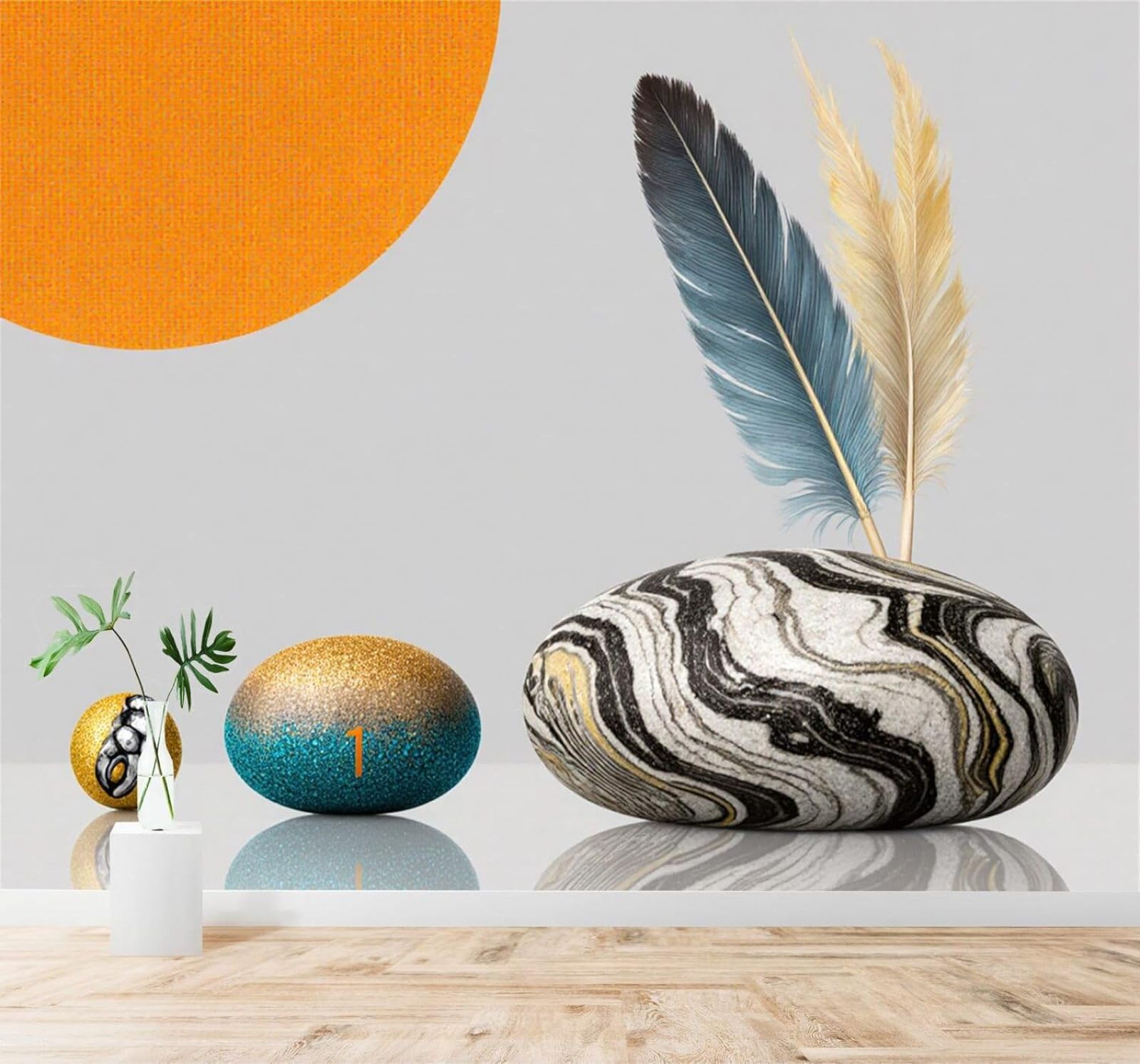 Tzxztt 400Cm×280Cm(B×H) Abstract Stones Feathers Orange Sun Minimalist Art Modern 3D Wallpaper Premium Textured Silk Neutral Tones Material Ideal For Living Room Bedroom-400Cm×280Cm