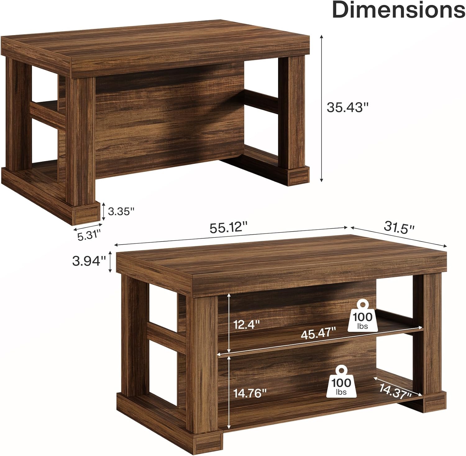 Diagram showing the overall dimensions of the Tribesigns Bar Table: 31.5 inches deep, 55.12 inches wide, and 35.43 inches high.