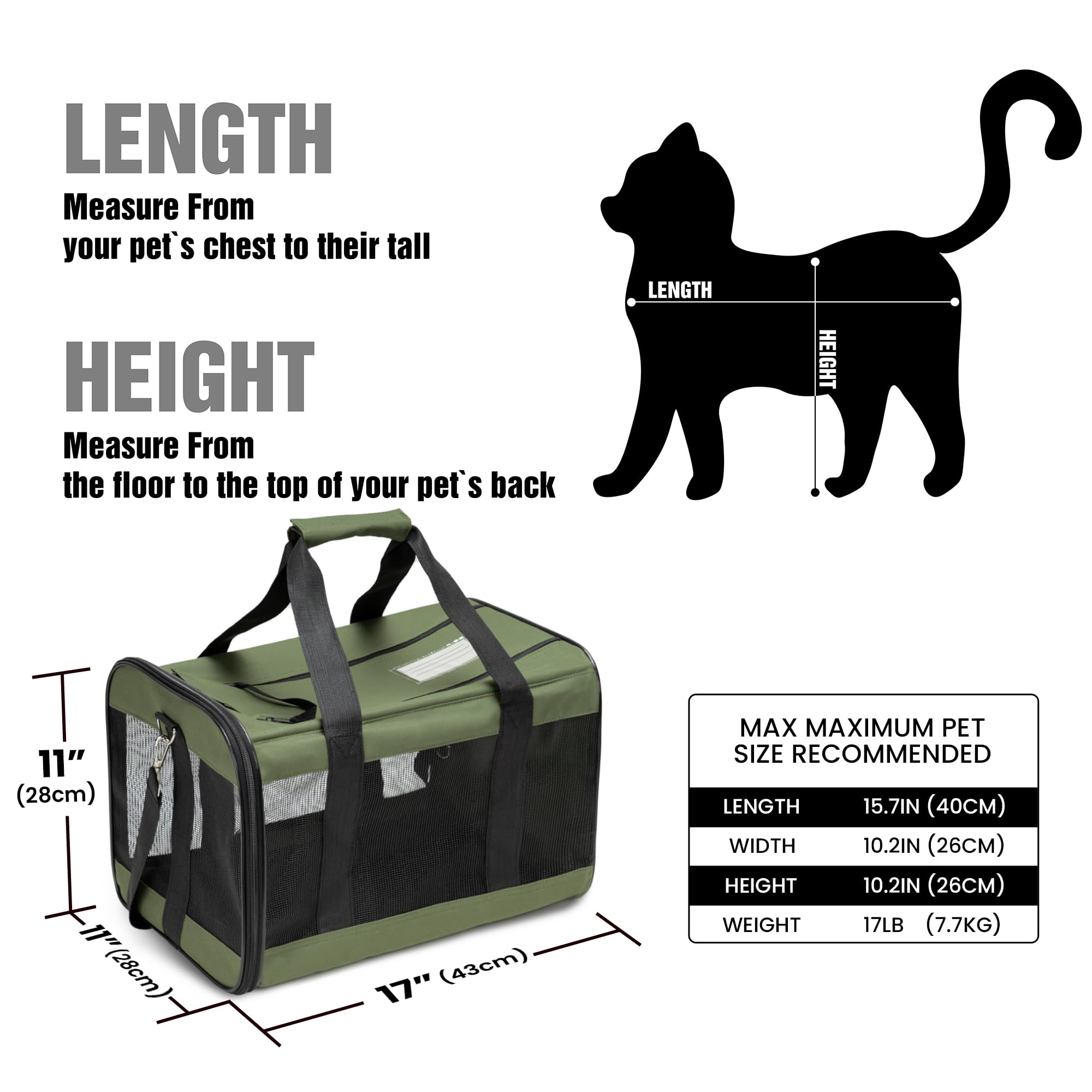 HITSLAM Trasportino Gatto, Trasportino Cane per Gatto/Gatti/Cane/Cani, Trasportino Morbido e Aereo Borsa per Animali Domestici Viaggio,Conforme agli Standard, verde (M)