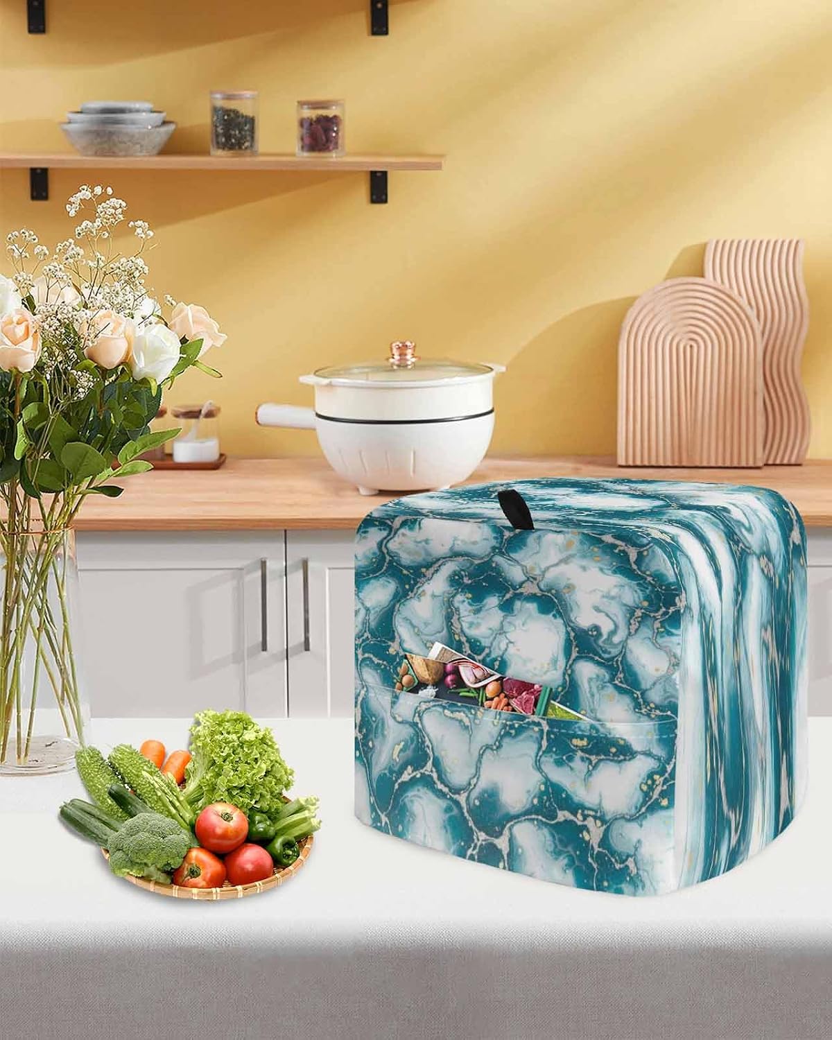 White Dark Green Marble Stand Mixer Cover with Storage Pocket, Waterproof Kitchen Mixer Covers, Modern Abstract Art Marble Crack Kitchen Appliance Dust Cover Compatible with 5-8 Quart Mixers