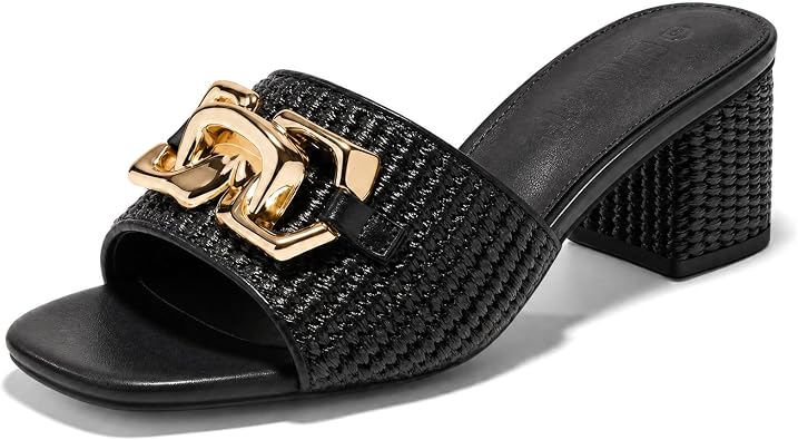 Womens Raffia Slide Sandals Square Toe Heeled Metal Chain Shoes