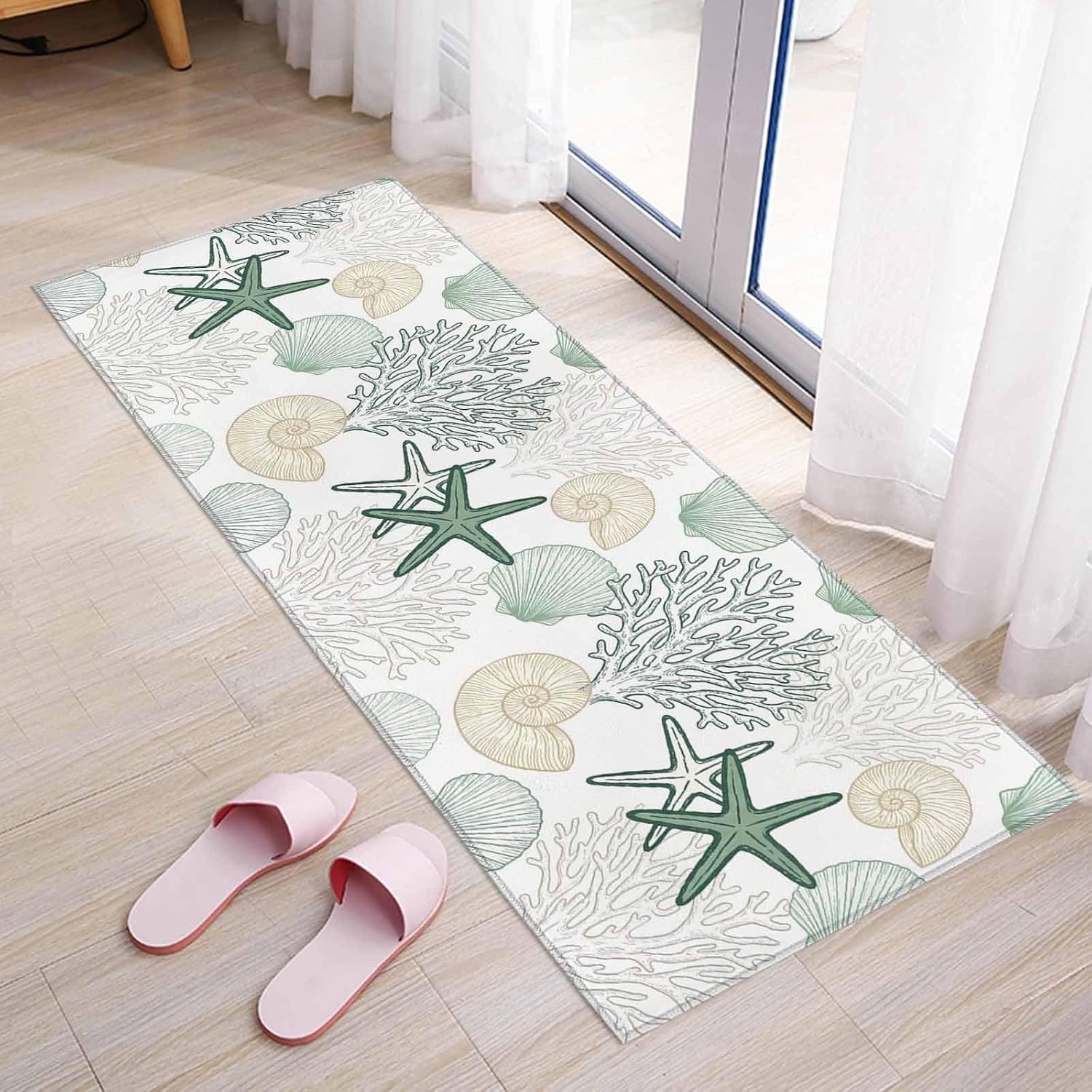 Teamery Kitchen Mats for Floor Ocean Green Starfish Seashells Washable Non Slip Kitchen Rugs 1PCS, Marine Life Corals Conch Absorbent Standing Mats for Sink Bathroom Office Living Room 23.6x70.9in