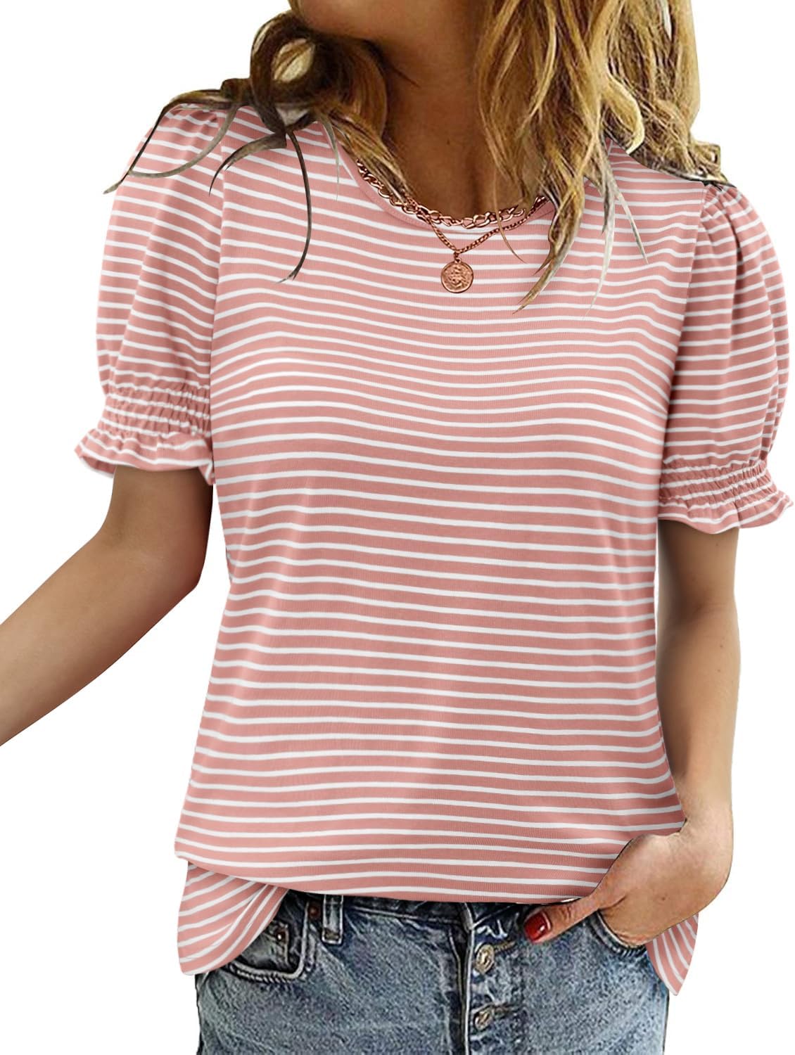 CRAZY GRID Women's Summer Tops Ruffle Short Sleeve 2026 Casual Knit Loose Fit T-Shirt - Image 4