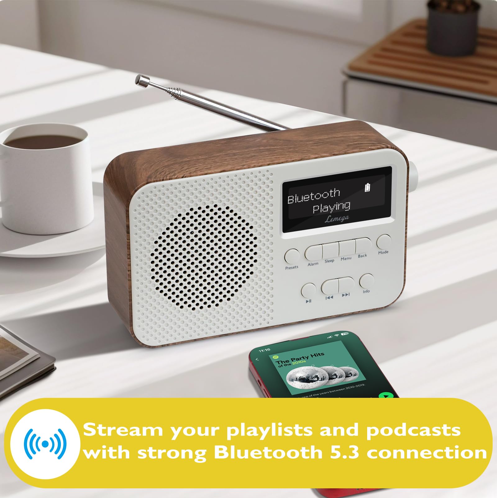 Digitalradio LEMEGA PR2 Max Dab/Dab+ mit Bluetooth 5.3,Tragbares UKW-Radio, Netzanschluss,Zwei Weckzeiten,Großem,Gut Lesbarem LED-Display,40 Préréglé und Kopfhöreranschluss (Nussbaum)