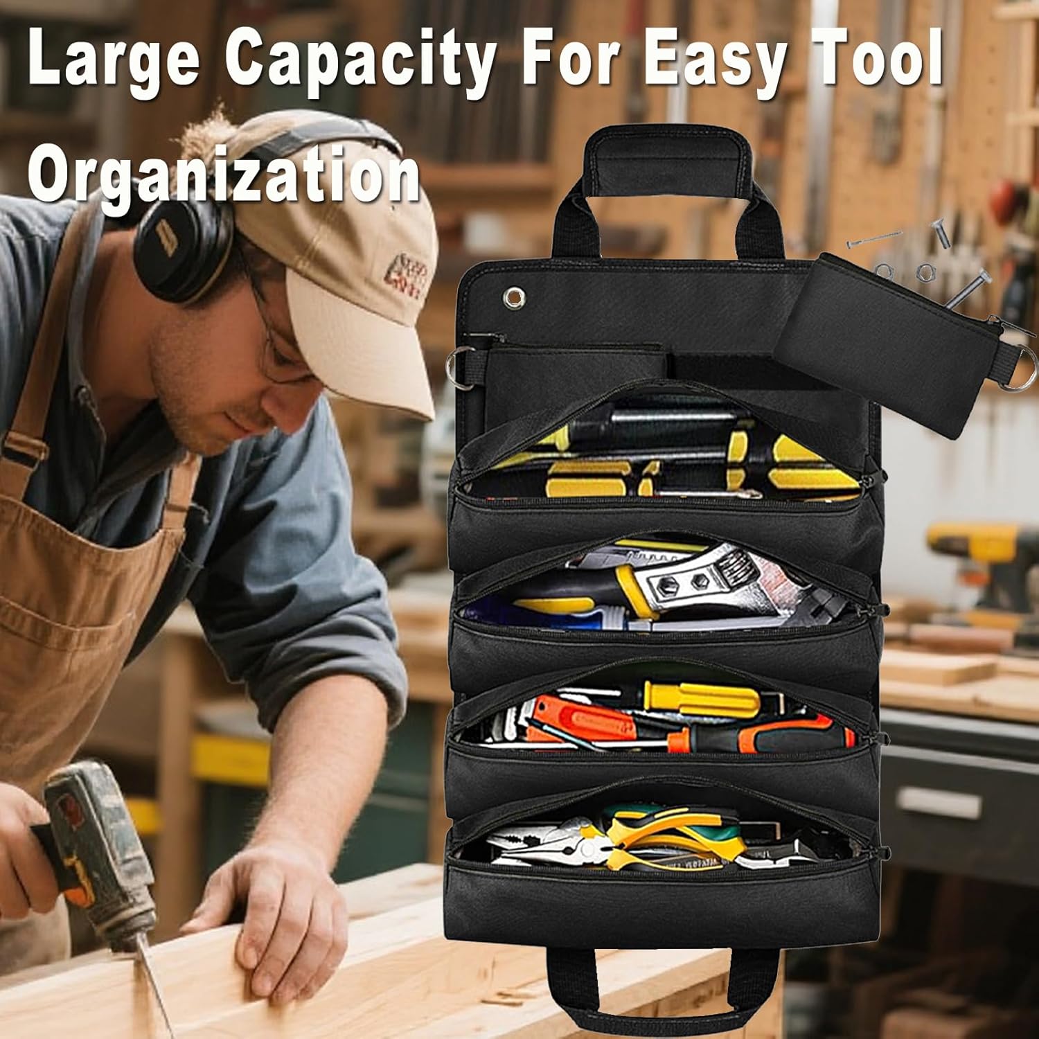 Roll Up Tool Bag Organizer, Gifts for Men Dad Husband Him Christmas Stocking Stuffers, Heavy Duty Storage Pouches Carrier Bag for Electrician Mechanic Thanksgiving Fathers Day Birthday Gifts (Black)