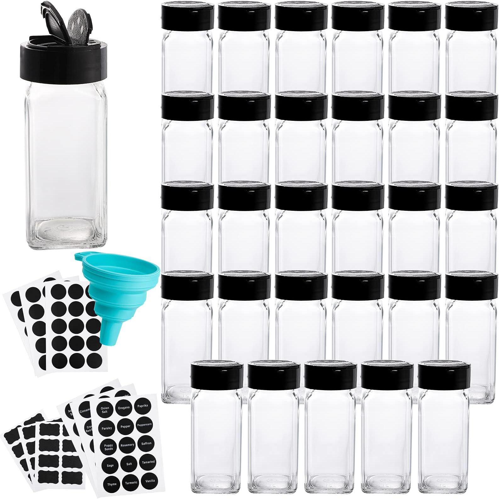Tebery30 Pack Glass Spice Jars Square Glass Bottles with Black Caps, 4oz Empty Spice Containers Shakers Complete Organizer Set Includes Wide Funnel and Labels