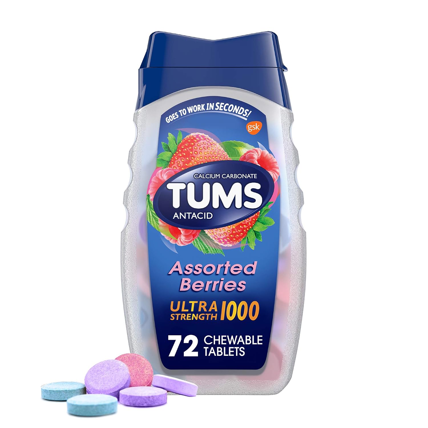 TUMS 278548 Ultra Strength 1000 Antacid Tablet, Assorted Berries, Pack of 72, 72 Count