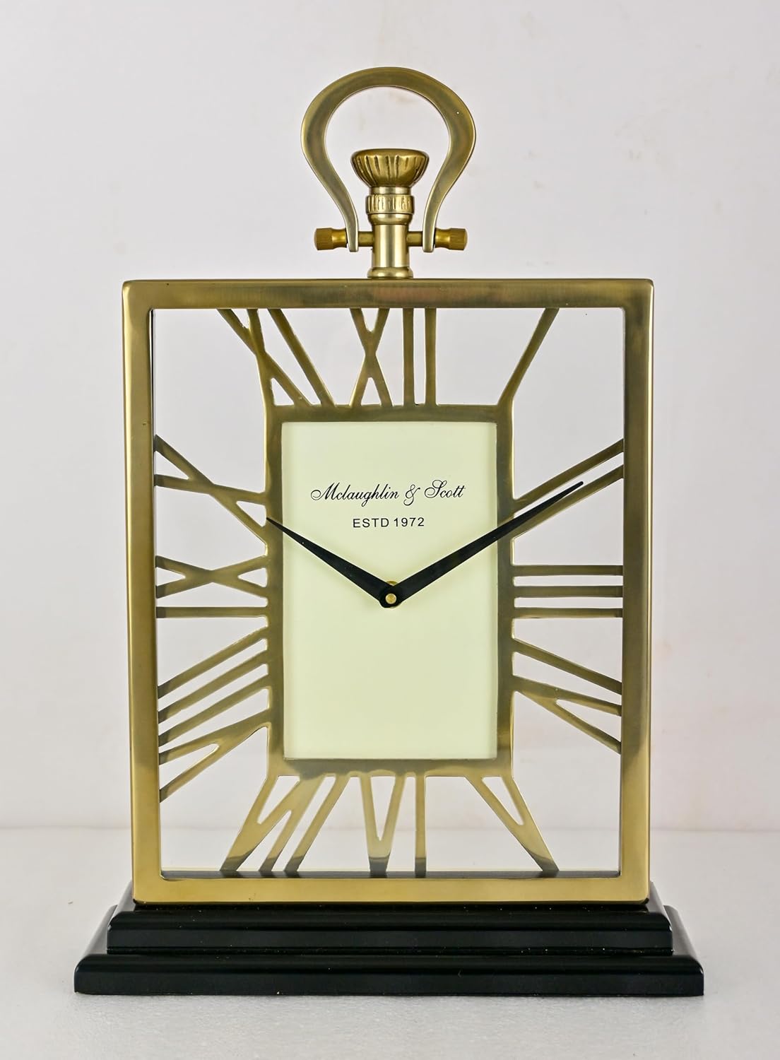 Luxury Chrome Roman Numeral Table Clock – Modern Metal Skeleton Mantel Clock with Black Base – Elegant Decorative Desk Clock for Living Room, Office & Home Décor (Brass Antique)