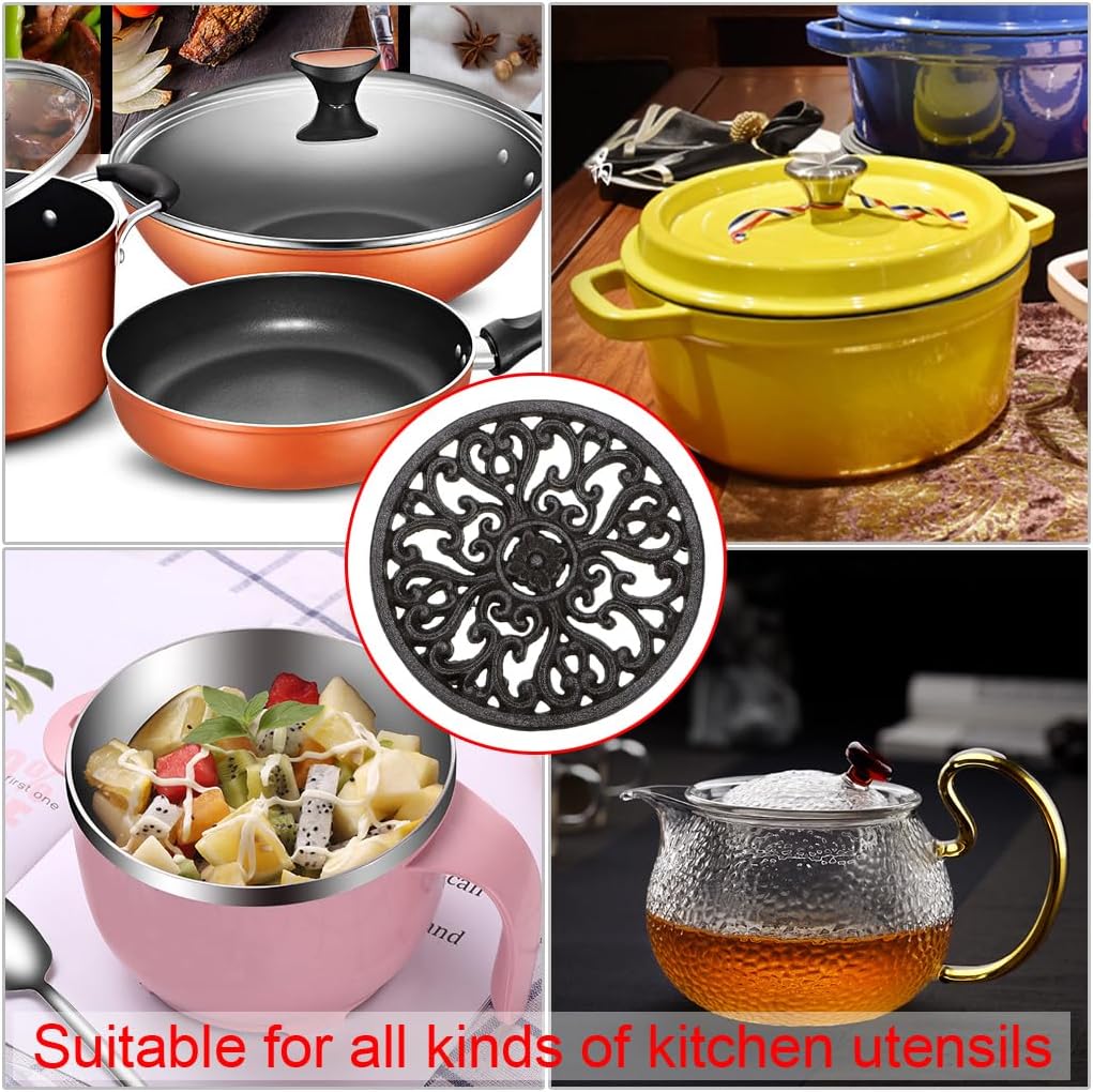 Decorative Round Cast Iron Trivet Protect Hot Dishes for Saucepan with Vintage Design (Diameter 17 cm)