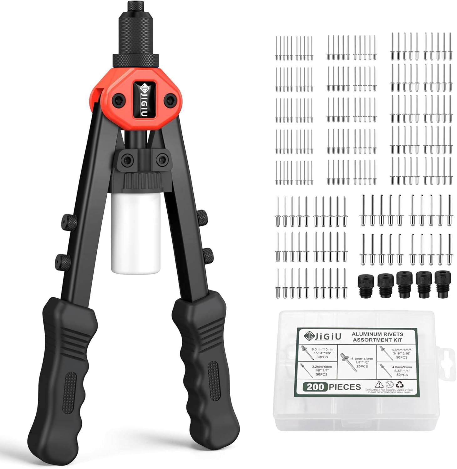 JiGiU 13″ Professional Pop Rivet Gun Kit – Heavy Duty Hand Riveter with 5 Interchangeable Heads & 200 Rivets – Ergonomic Handle for Automotive, Metal, Furniture, DIY Projects