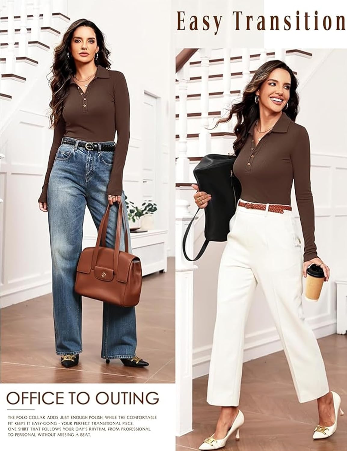 Women's Long Sleeve Business Casual Tops Collared V Neck Work Blouse 2025 Fall Button Fitted Polo Shirts - Image 6