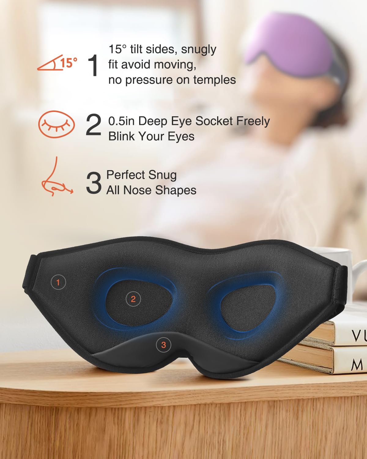MABAO Masque de sommeil pour les yeux pour homme et femme, bonnet profilé 3D, sans pression oculaire, 100 % bloquant la lumière, sangle réglable, bandeau pour les yeux de nuit, voyage, sieste, violet
