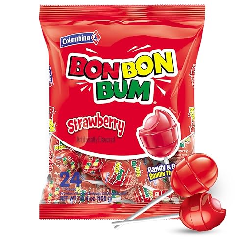 Colombina Bon Bon Bum - Paletas con centro de goma de mascar Sabor clásico de fresa, 1 paquete de paletas sin gluten envueltas individualmente,