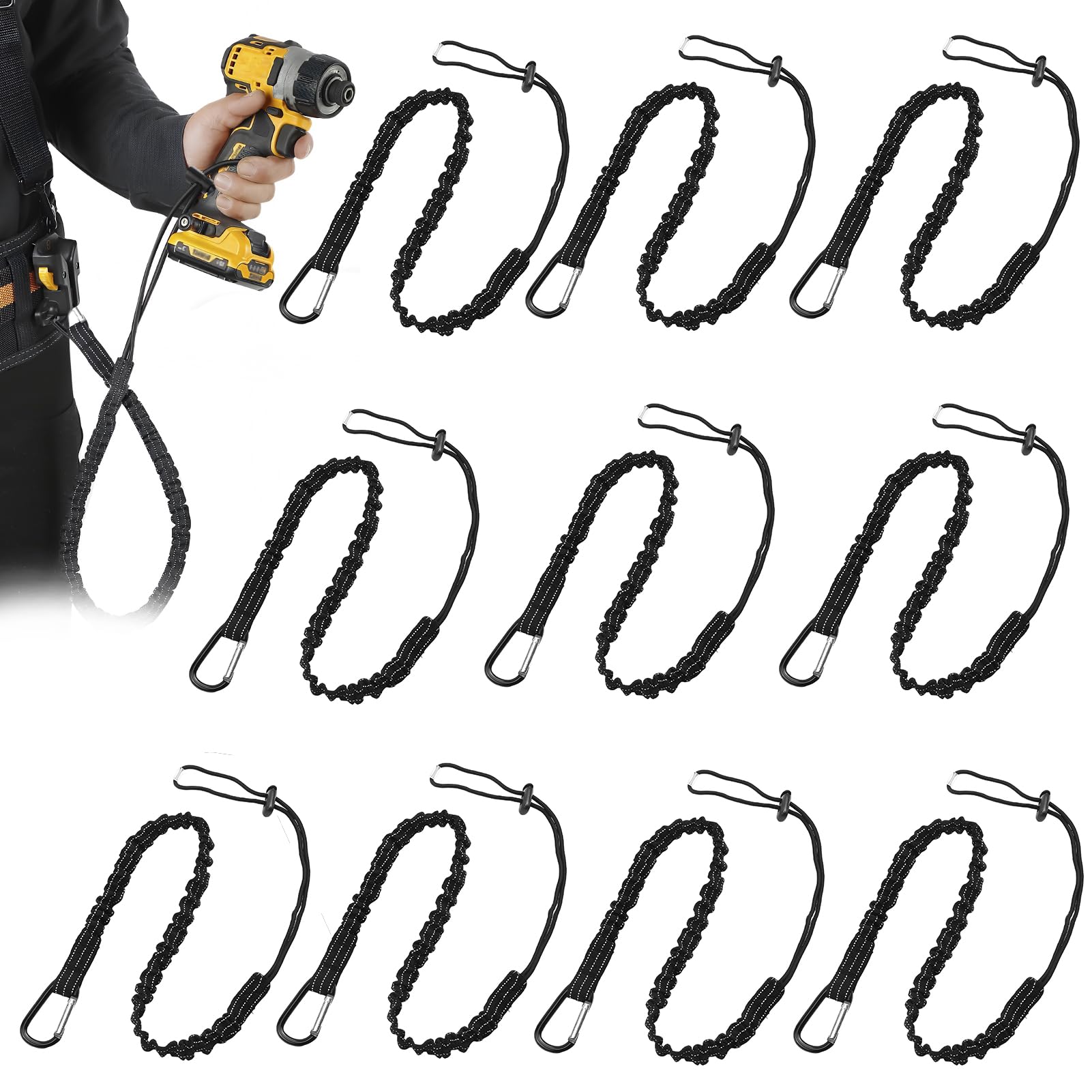 10 Pack Tool Lanyard with Spring Carabiner and Adjustable Loop,90-130cm Stretch Length Maximum Weight Limit 10KG 22.04lb,Tool Lanyard for Working at Height Fall Protection Scaffold Tools