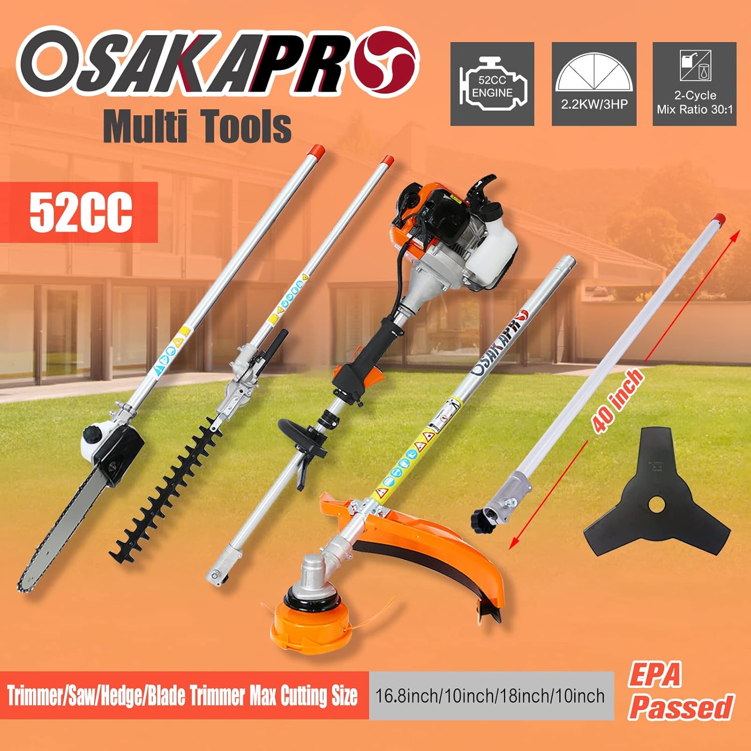 SSLine Multi-Functional Trimming Tool,Gas-Powered Gardening Tools w/Hedge Trimmer,String Trimmer,Brush Cutter,Pole Saw,Head Trimmer, 40" Extension Pole Garden Trimming Tool Set (52CC)