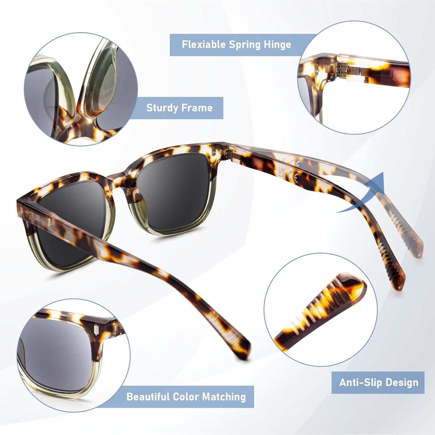 Reading Sunglasses for Women Oversized Lenses Blue Light Blocking Square Sun Readers Spring Hinge UV400 Protection - Image 2