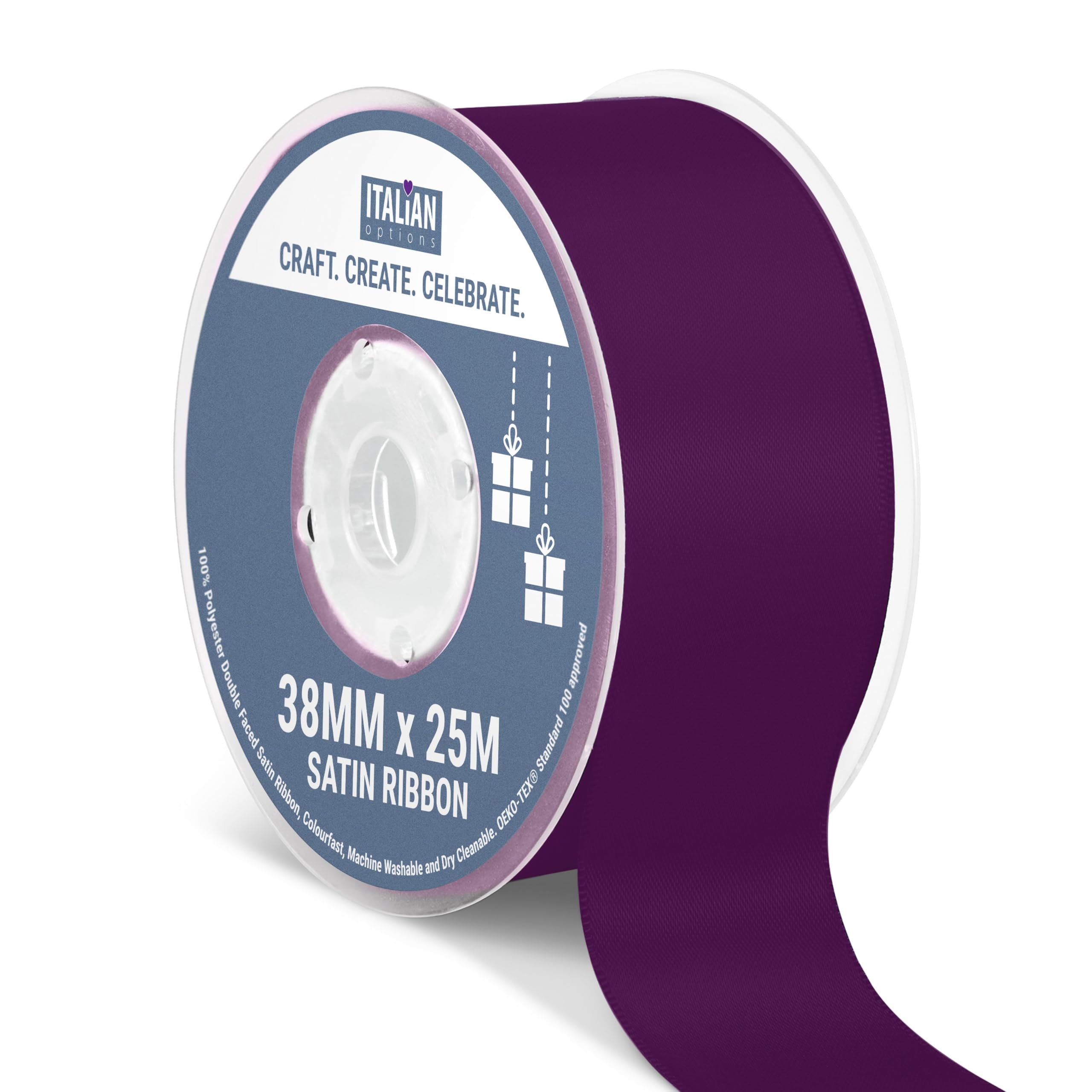 Italian Options Satin Ribbon, Fabric Ribbons for Gift Wrapping, Crafting, Balloons, Wedding Car, Presents, Cake, Christmas, Birthday, Gift Wrap Accessories, 38mm Wide x 25 Metre Roll, Aubergine