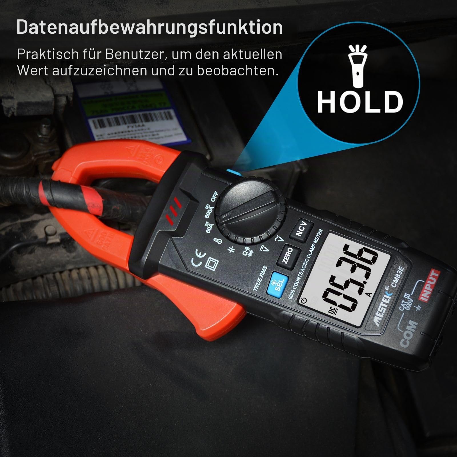 Stromzange MESTEK Multimeter AC/DC, True-RMS 6000 Counts Auto Range Strommesszange, Zangenamperemeter Amperemeter Voltmeter Misst Spannung Strom Temperatur Widerstand Kapazität Diode Kontinuität NCV