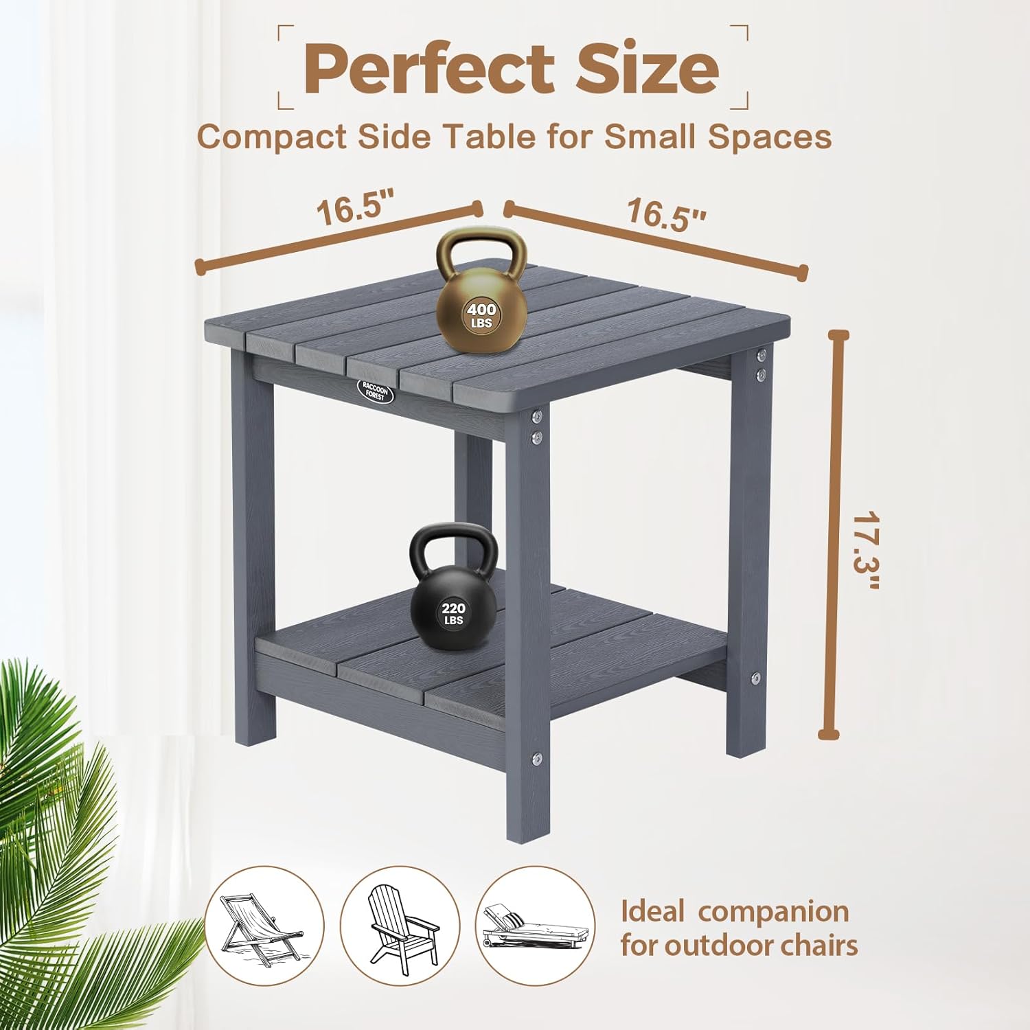 Square Outdoor Side Table Adirondack Side Table, Water-resistant & 2-Tier Small End Table for Patio, Beach Chair & Poolside, Bedside Table for Living Room & Bedroom, Easy Assembly, Grey