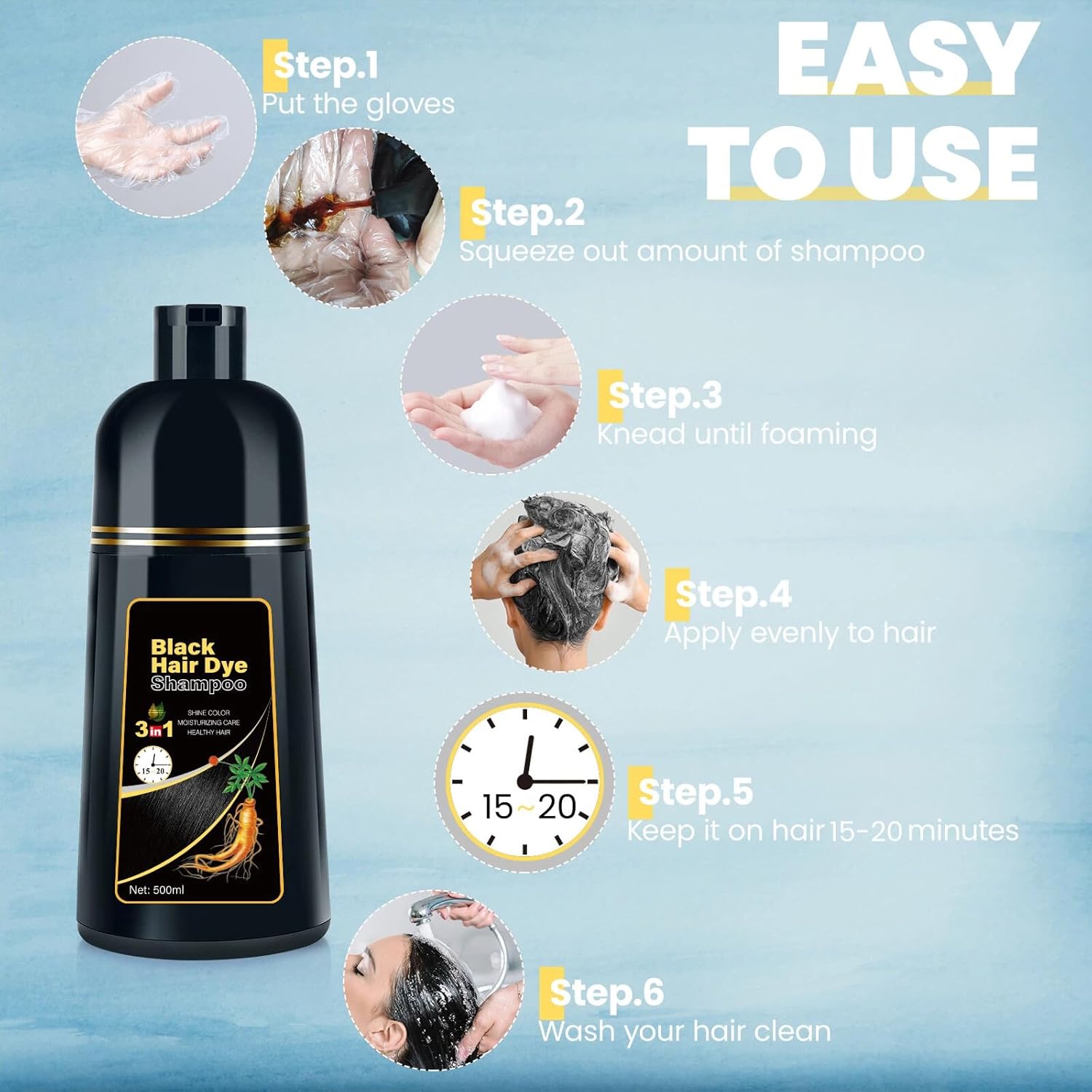 Black Hair Dye 3 in 1 Shampoo for Gray Hair, Herbal Ingredients for Women&Men, Dye in Minutes/Semi-Permanent/(17.6 FL OZ) - Image 7