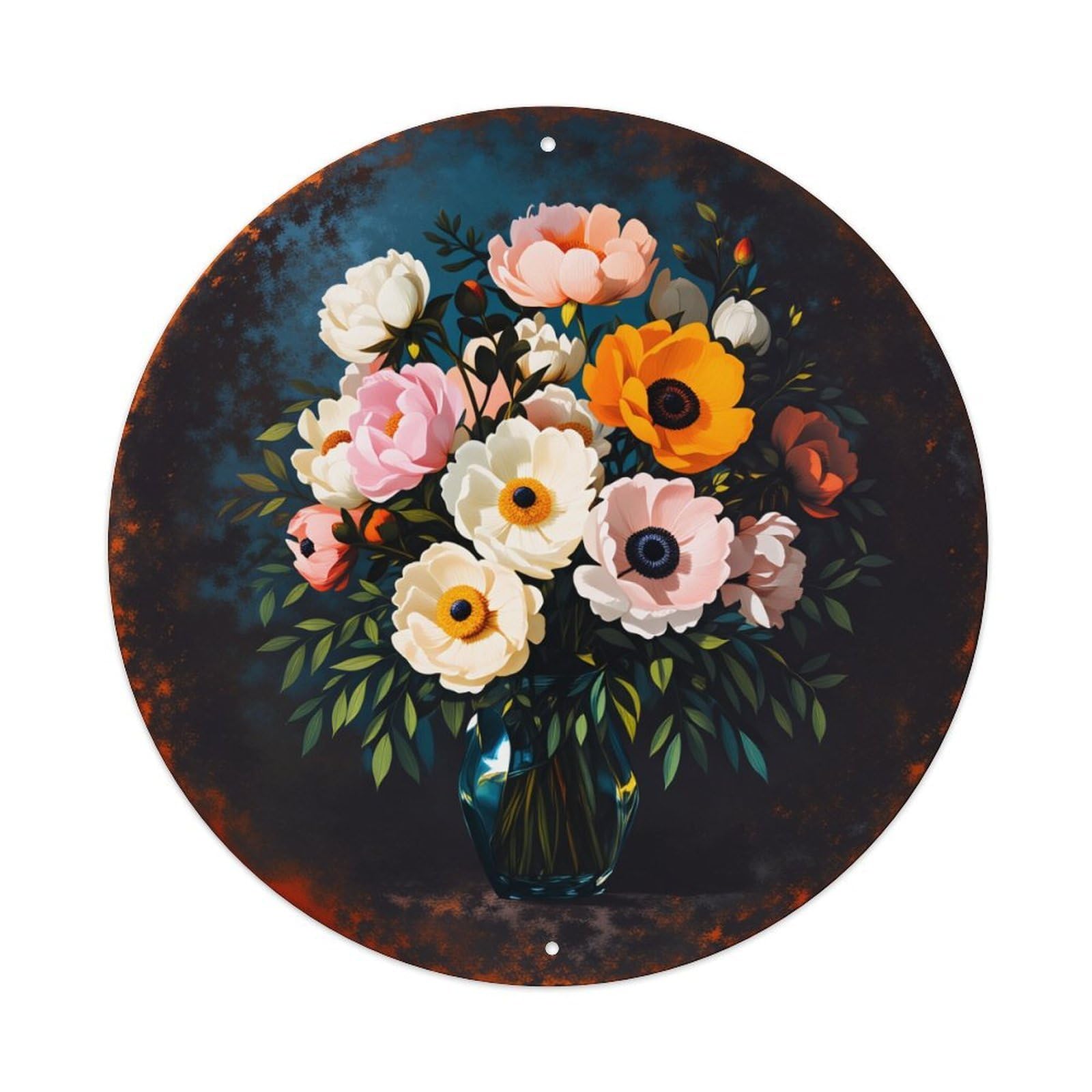 Floral Arrangement In Vase With Colorful Blooms And Green Leaves Round Vintage Tin Sign,Retro Wall Art,Metal Poster for Home, Bar, Garage, Cafe, Rustic Indoor & Outdoor Decor, 8x8 Inches