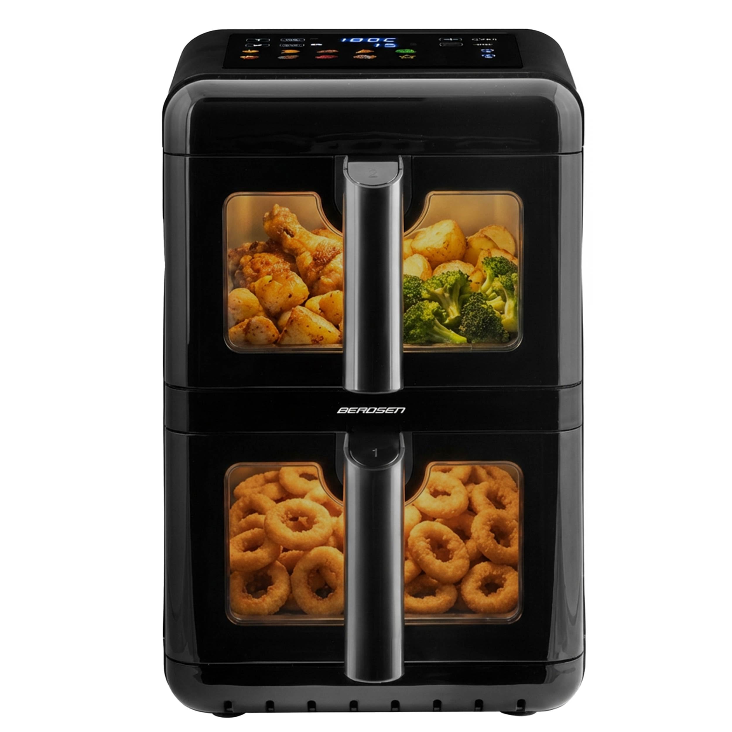 Berdsen Frytkownica Beztłuszczowa Airfryer na Gorące Powietrze 11,6 l - Dwukomorowa Pionowa 2 x 5,8 l, 3000 W, 9 Programów, Ekran Dotykowy i Okienko LED - Pieczenie, Grillowanie i Suszenie - Czarna