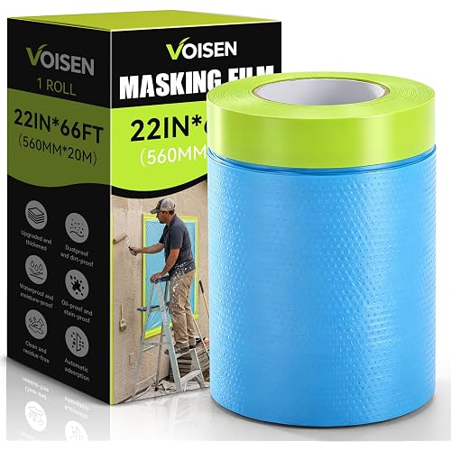 VOISEN 1 Roll Pre-Taped Masking Film for Painting-22 x 66',Painters Plastic Sheeting with Widened Automotive Masking Tape, Plastic Tarp for Painting, Film for Car, Wall Protection