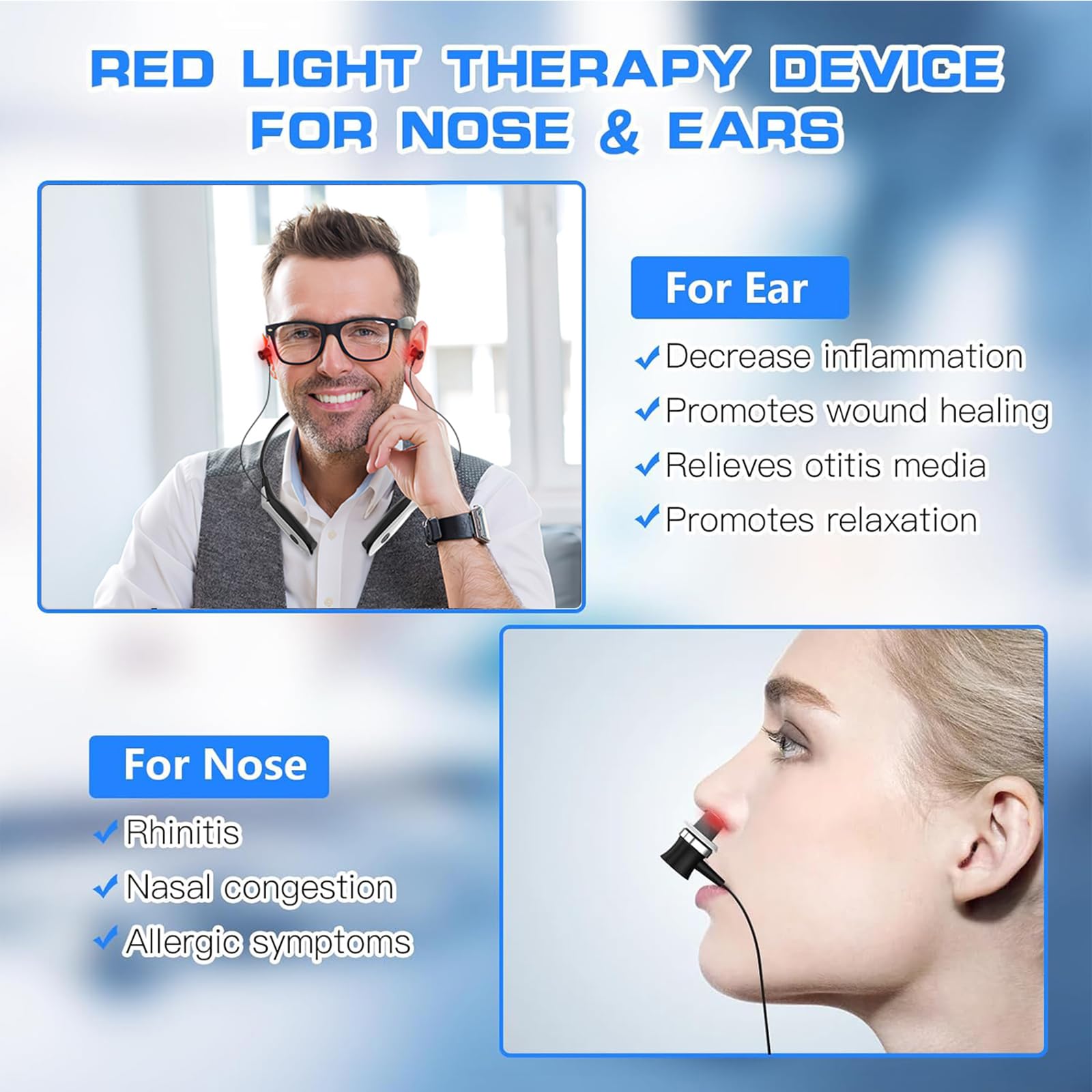 (2 en 1) Capsule luminothérapie silencieuse + apaisant respiratoire，dispositif nasal LED rouge acouphènes，embouts infrarouges，spray anti-acouphènes et écouteurs LED rouge contre les acouphènes (Weiß)
