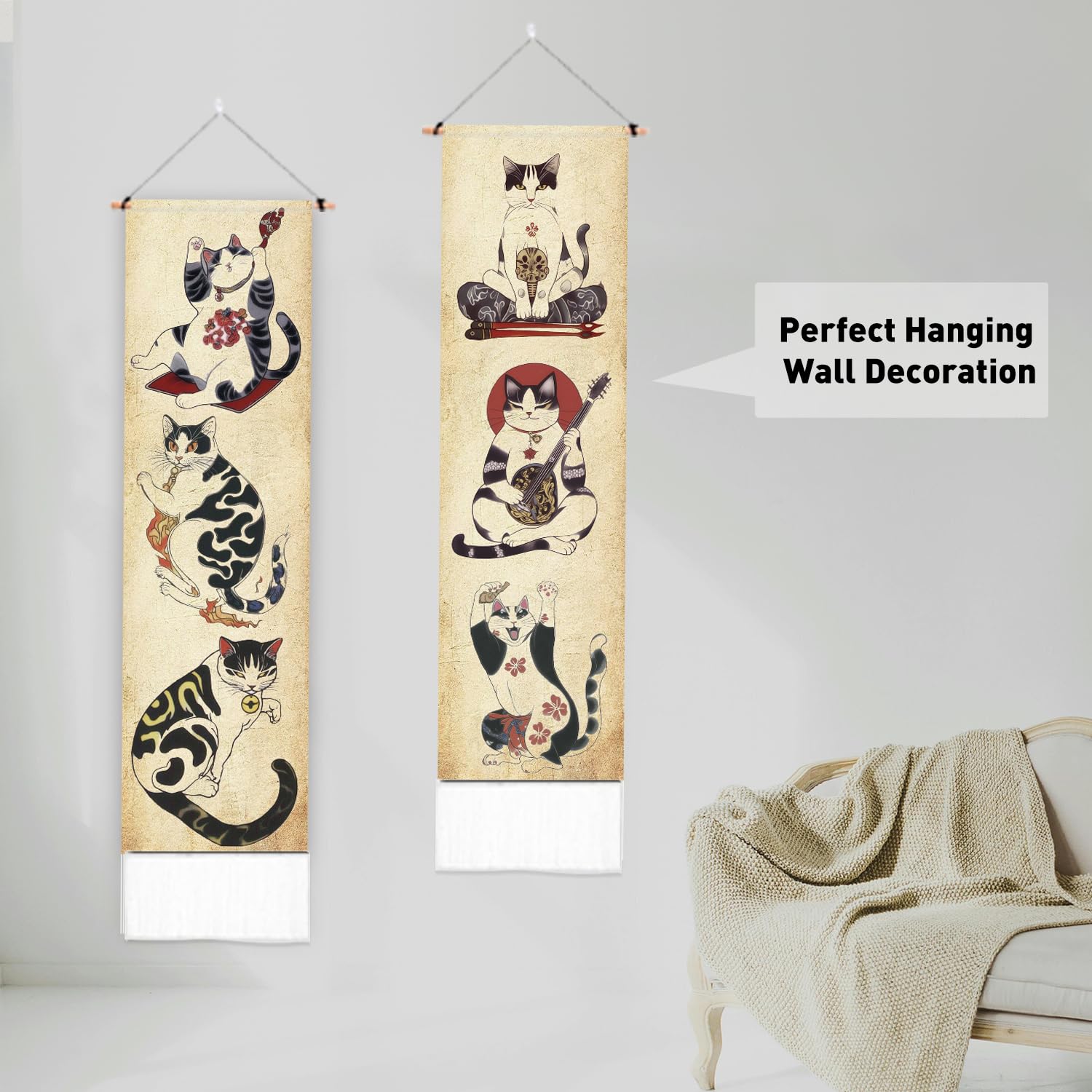 PLIGREAT Confezione da 2 Arazzo Verticale Stile Giapponese Retro Gatti Estetica Arazzo Da Parete Per Camera Da Letto Soggiorno Decorazione Della Casa Lungo Arte Sottile Arazzo Con Nappe